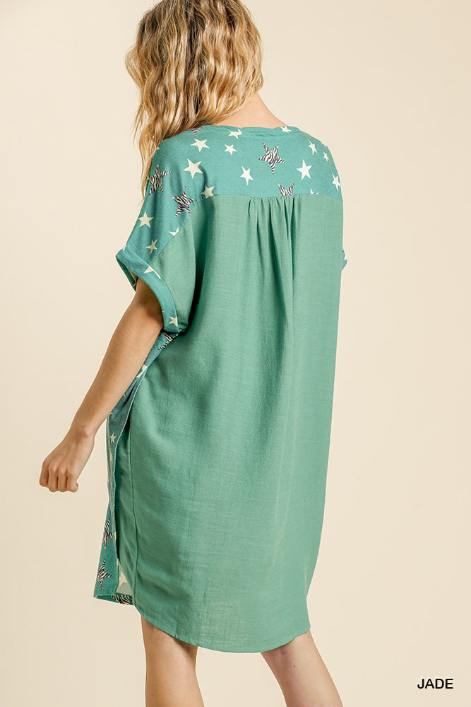Umgee Linen Blend Animal Star Print Round Neck Short Folded Shift Dress - Roulhac Fashion Boutique