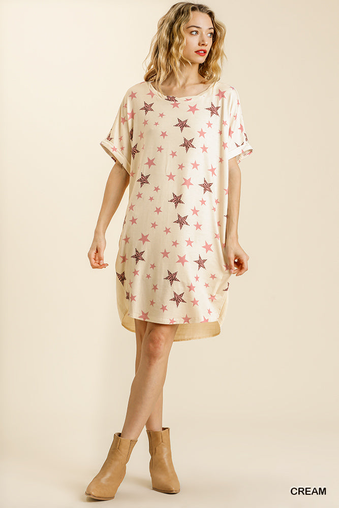 Umgee Linen Blend Animal Star Print Round Neck Short Folded Shift Dress - Roulhac Fashion Boutique