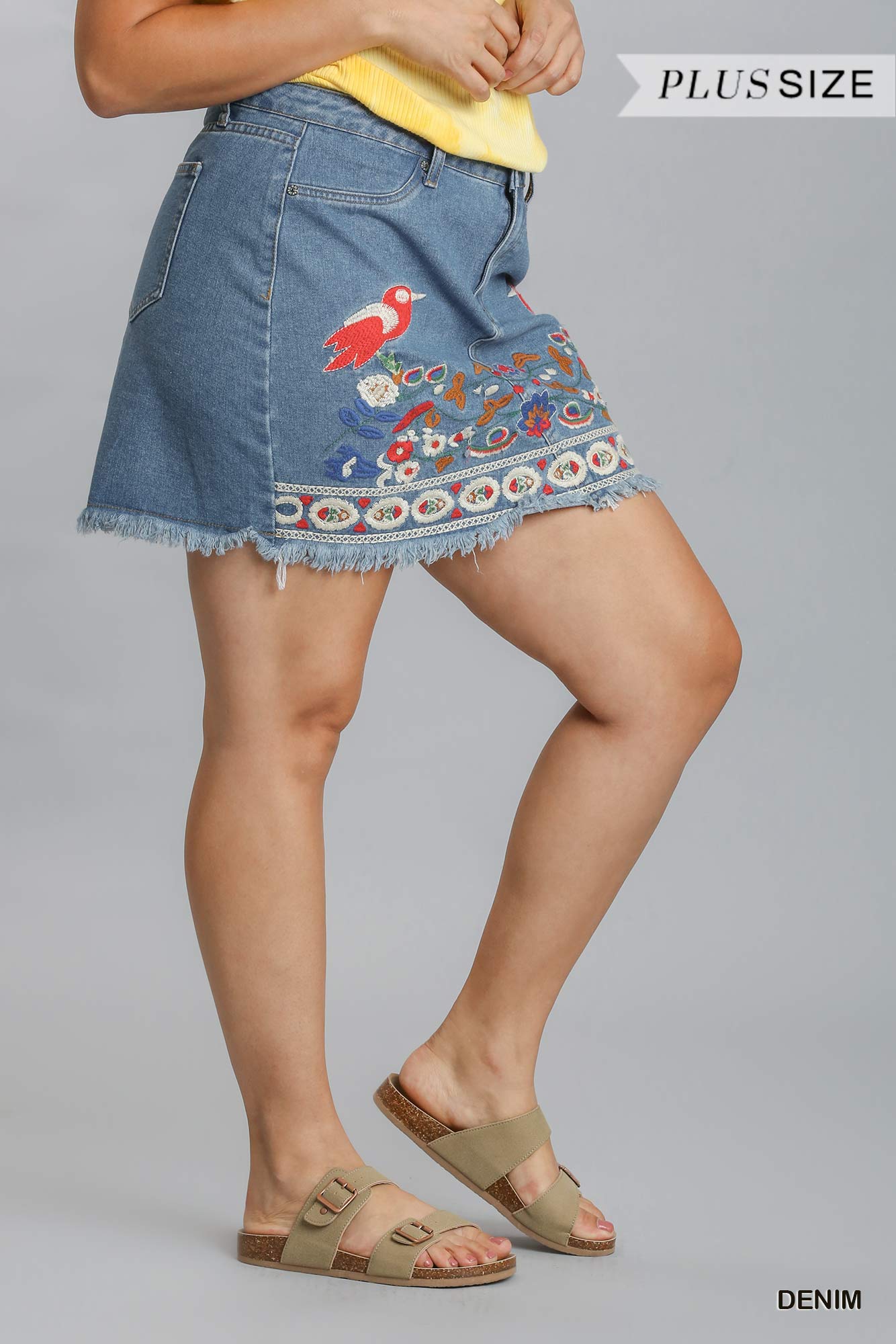 Umgee Plus Embroidered Detail High Rise Non Stretch Denim Skirt