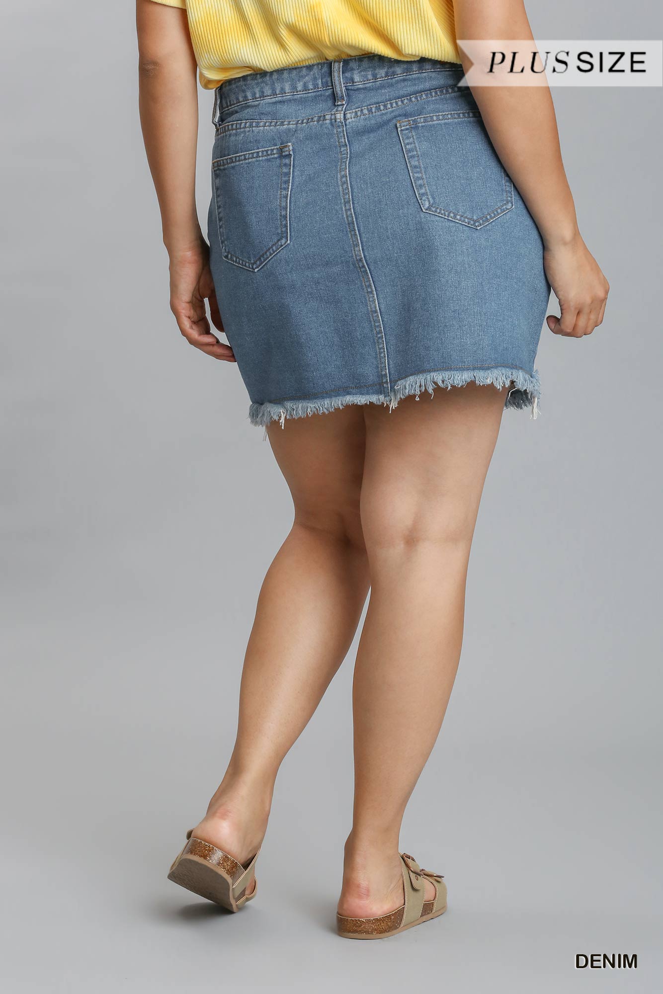 Umgee Plus Embroidered Detail High Rise Non Stretch Denim Skirt