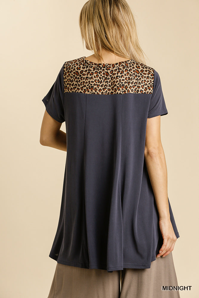 Umgee Animal Print Round Neck Short Sleeve High Low Hem Tunic Dress - Roulhac Fashion Boutique