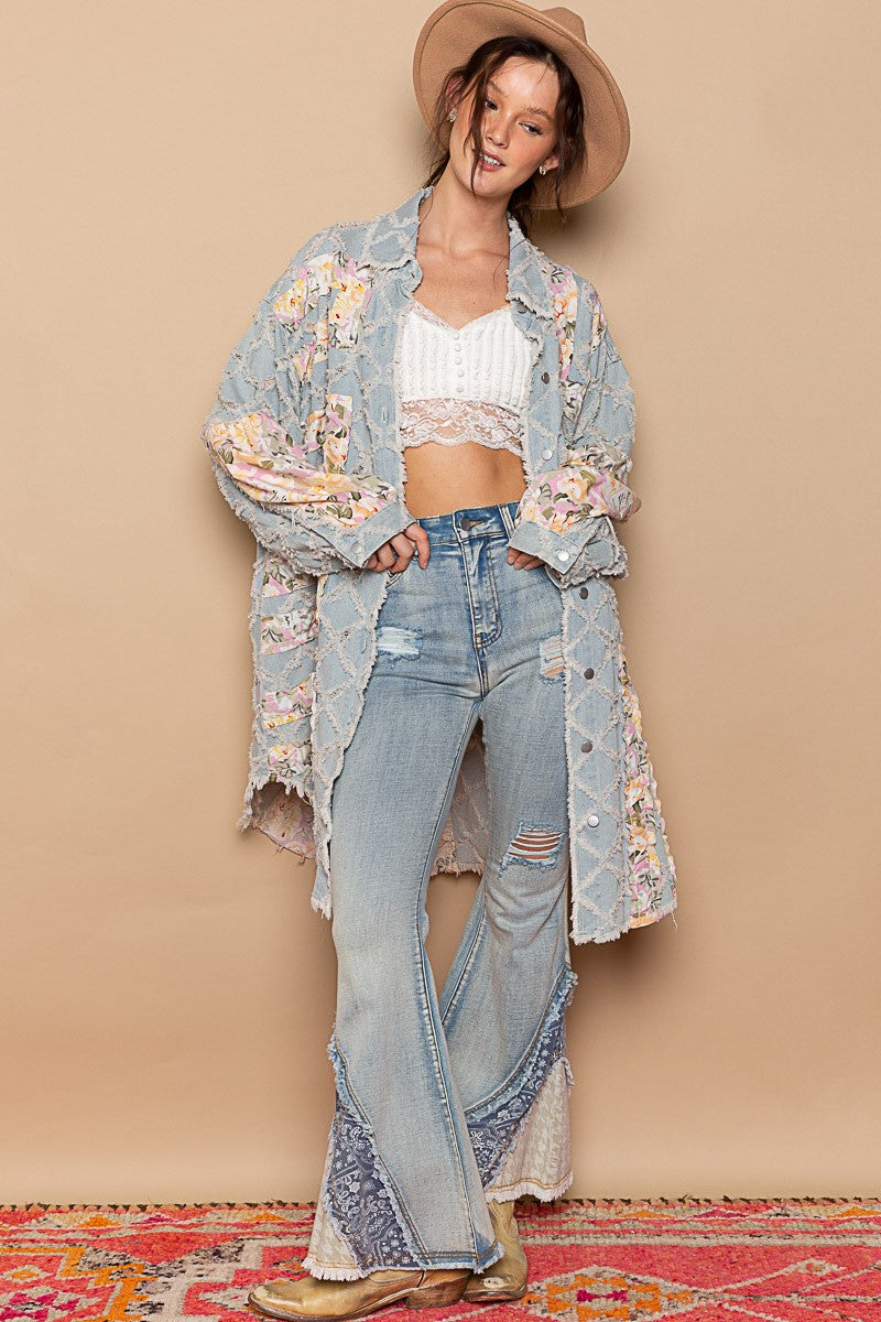 POL Floral Print Frayed Texture Button Down Long Sleeves Shacket