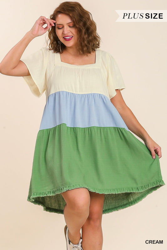 Umgee Plus Linen Blend Colorblock Square Neck Frayed Hem Dress