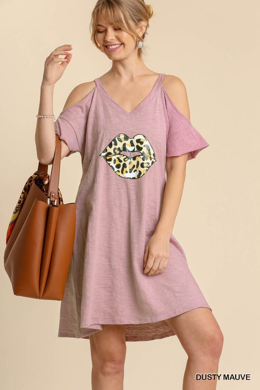 Umgee Animal Lip Kiss Graphic Printed V-Neck Cold Shoulder Dress - Roulhac Fashion Boutique