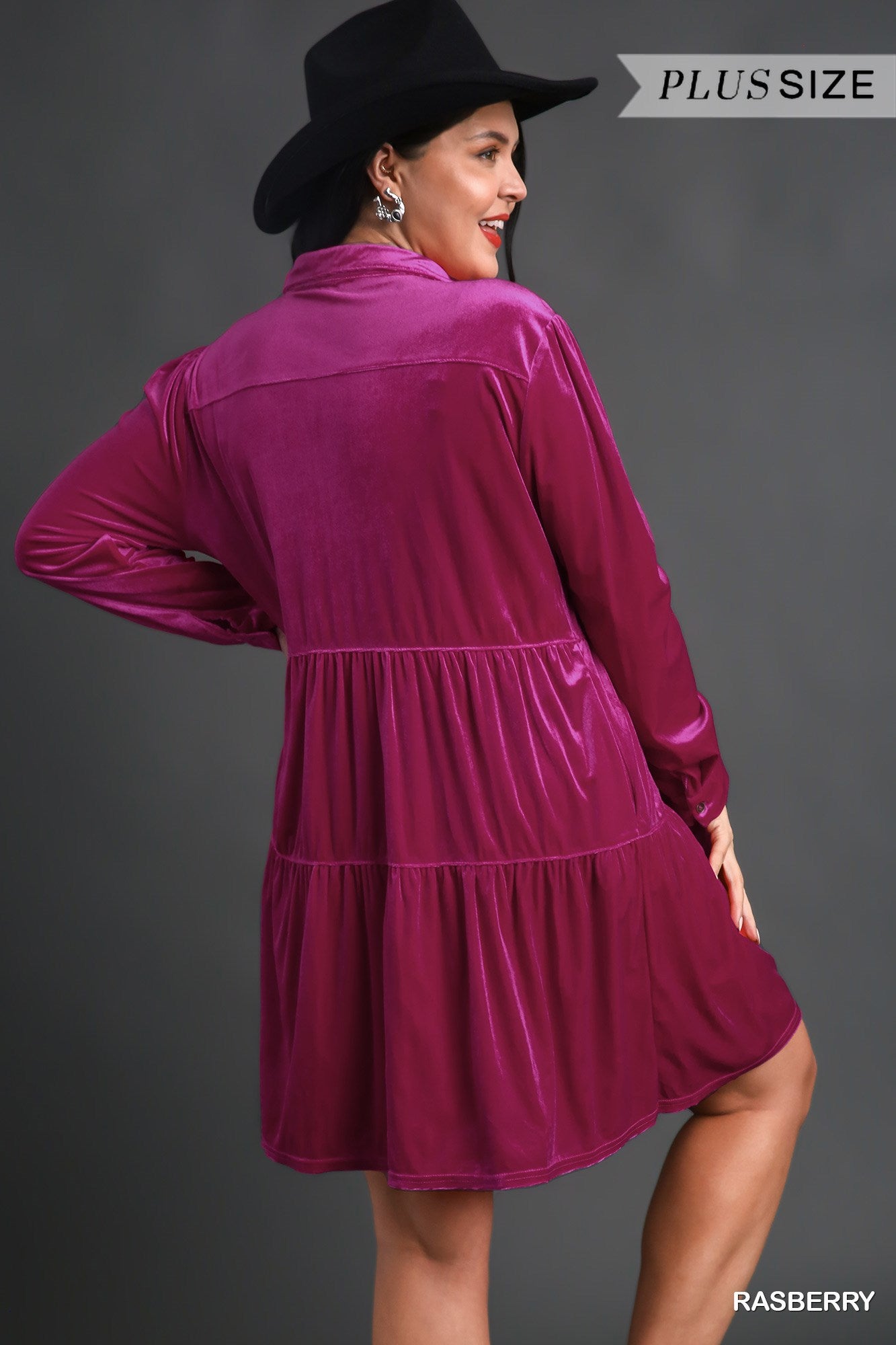 Umgee Plus Velvet Long Sleeve Collar Button Down Tiered Dress