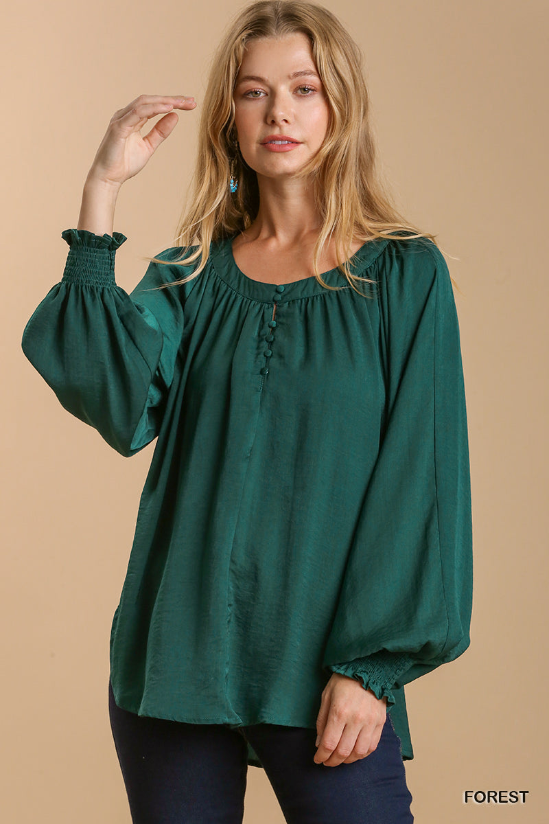 Umgee Washed Satin Round Neck Button Front Smocked Long Puff Sleeve Top - Roulhac Fashion Boutique