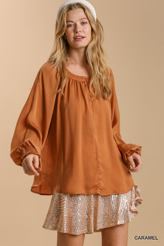 Umgee Washed Satin Round Neck Button Front Smocked Long Puff Sleeve Top - Roulhac Fashion Boutique