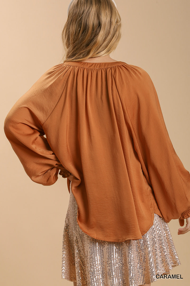 Umgee Washed Satin Round Neck Button Front Smocked Long Puff Sleeve Top - Roulhac Fashion Boutique