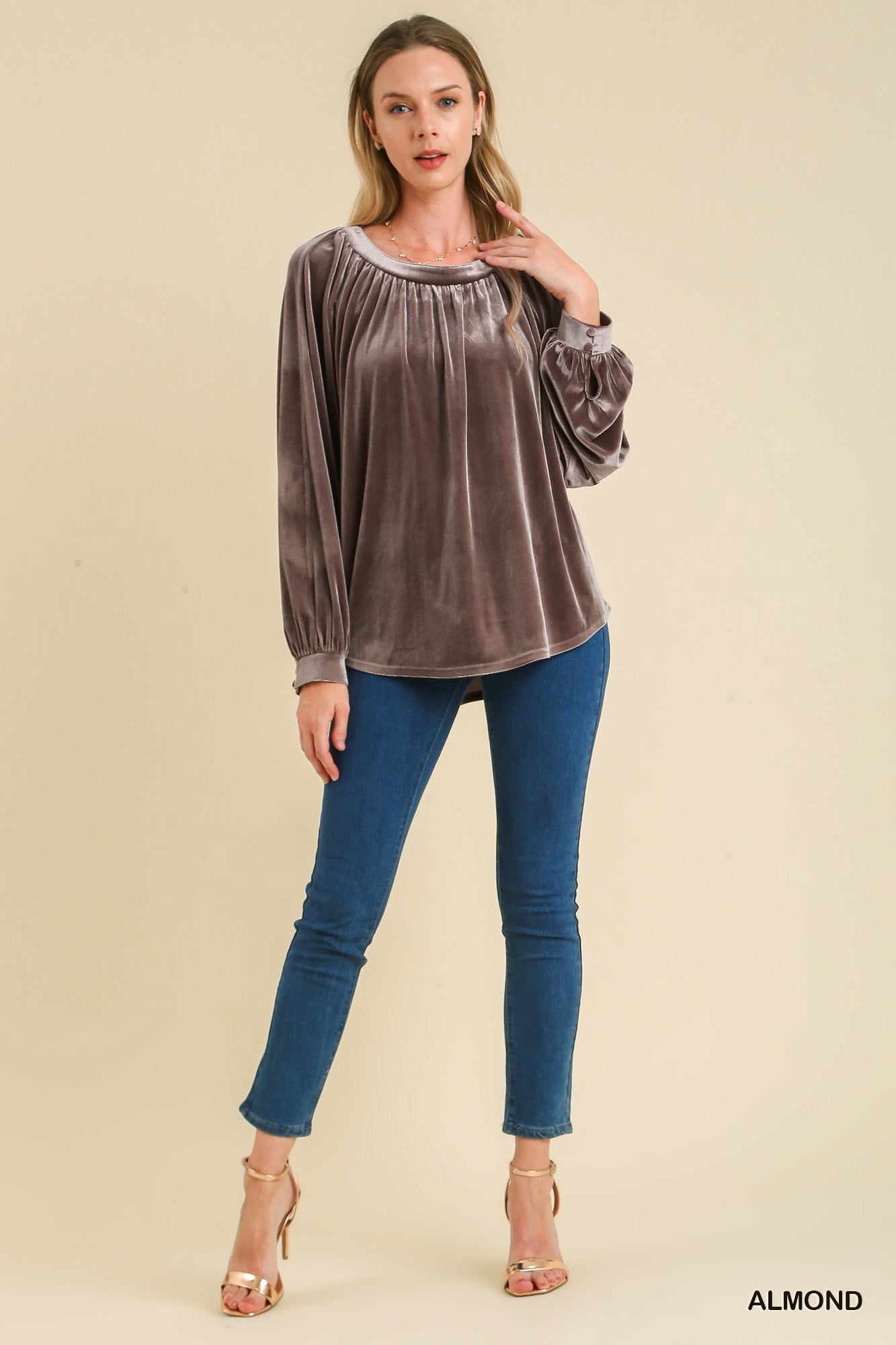 Umgee Velvet Velvet Round Neck Long Sleeve Keyhole Detail Top - Roulhac Fashion Boutique