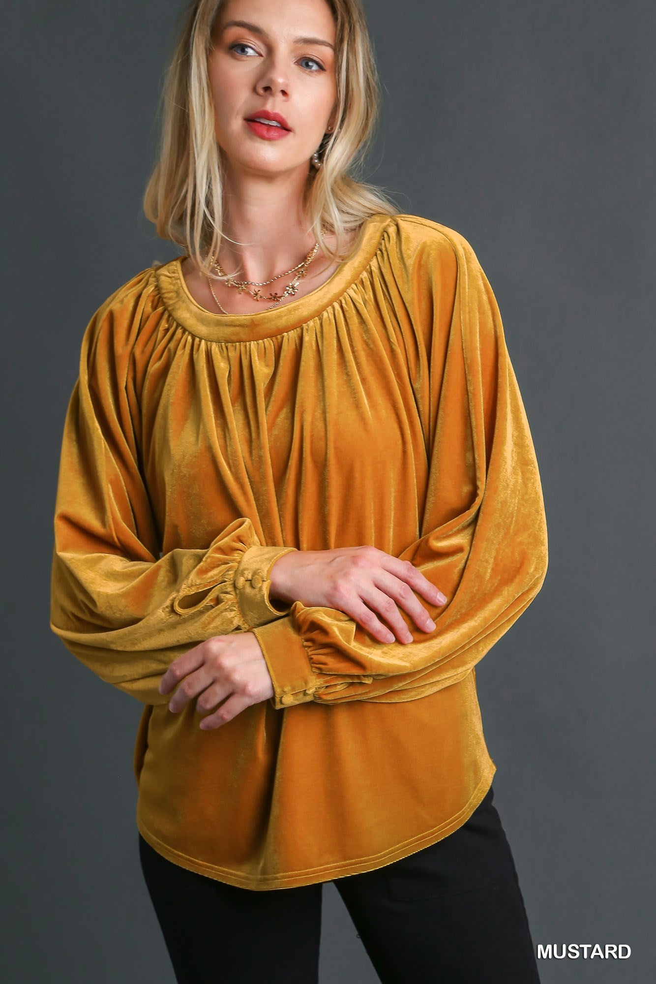 Umgee Velvet Velvet Round Neck Long Sleeve Keyhole Detail Top - Roulhac Fashion Boutique