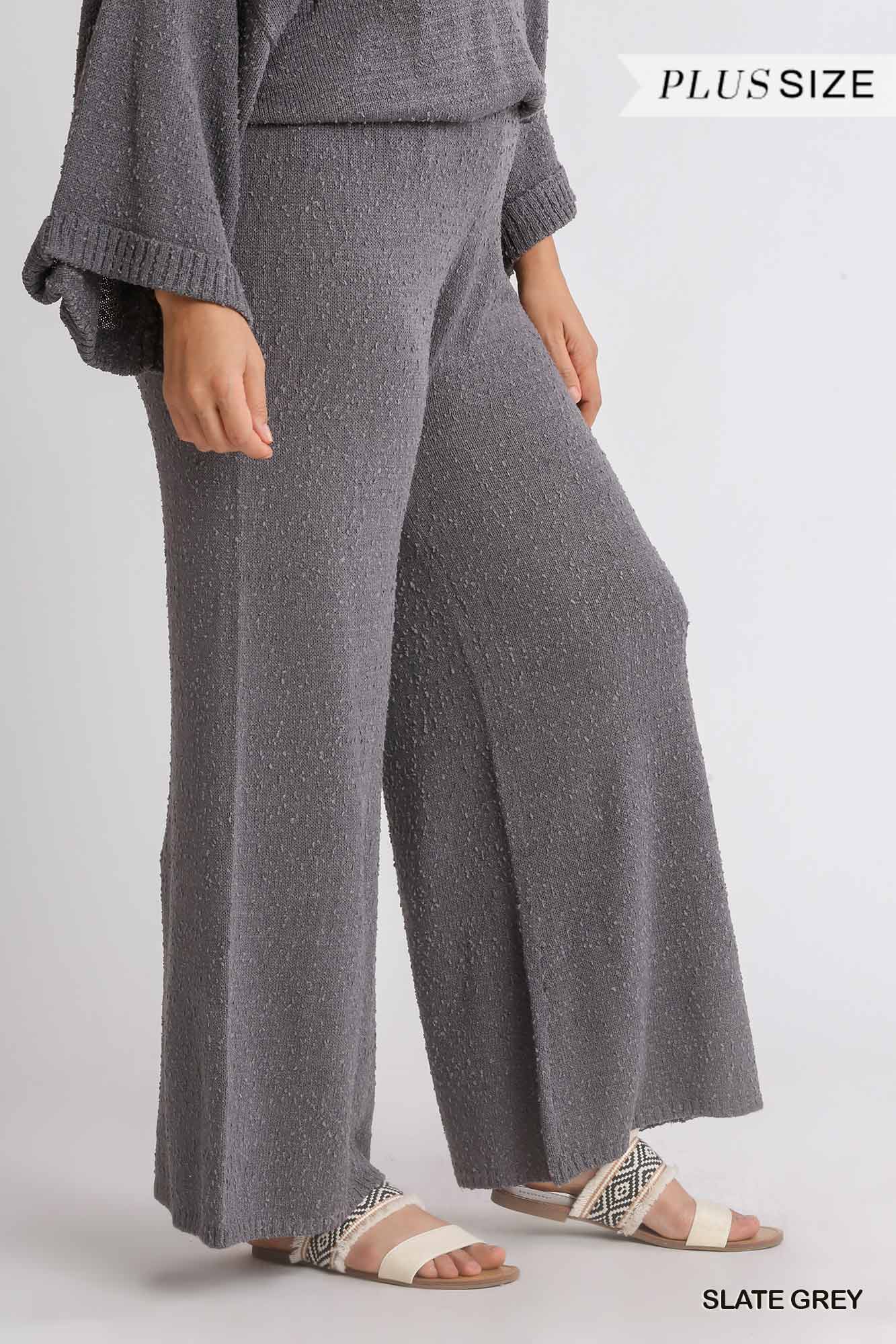 Umgee Plus Elastic Waistband Wide Leg Sweater Pants