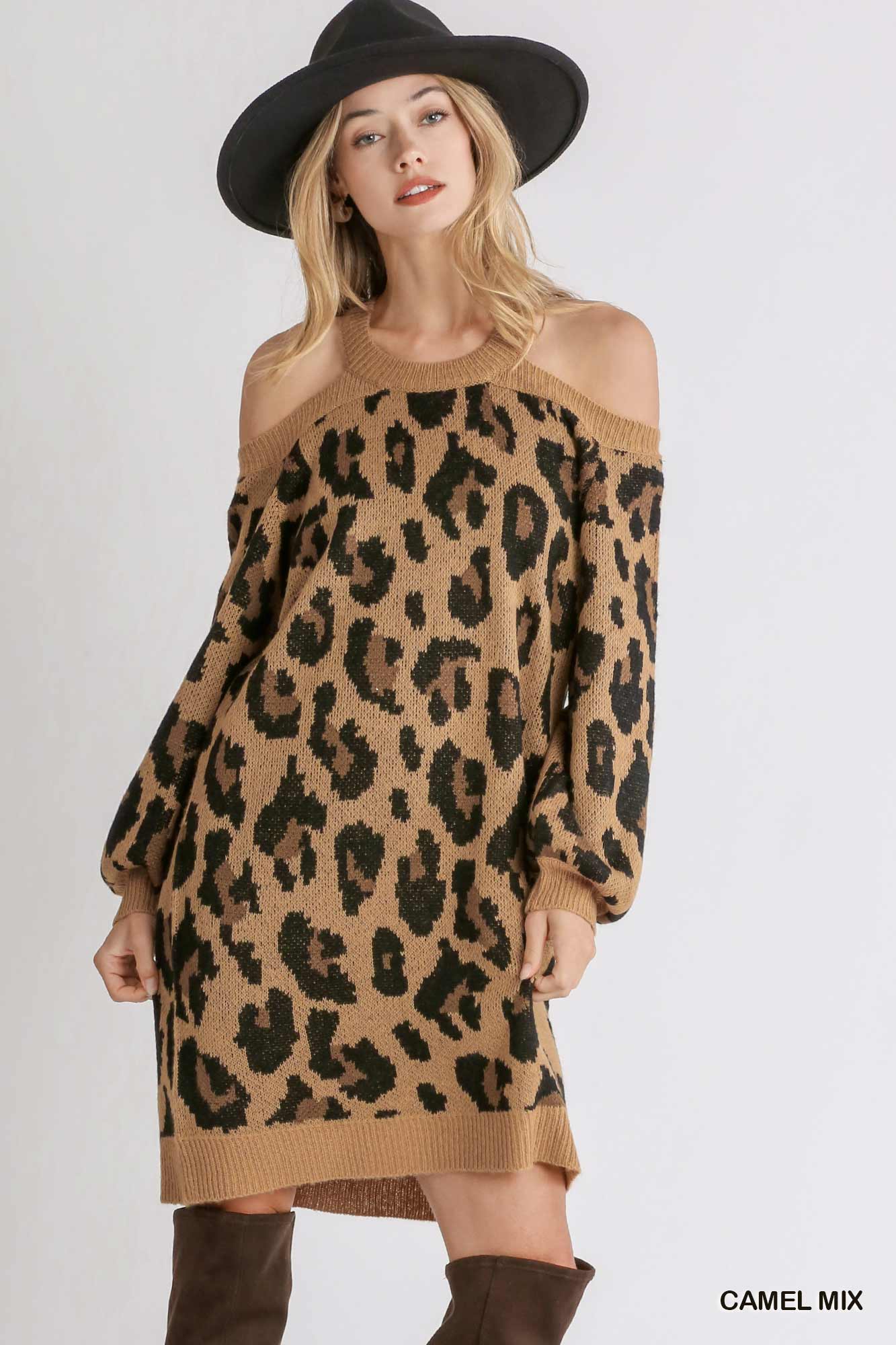 Umgee Camel Mix Brushed Animal Print Cold Shoulder Sweater Open Back Dress - Roulhac Fashion Boutique