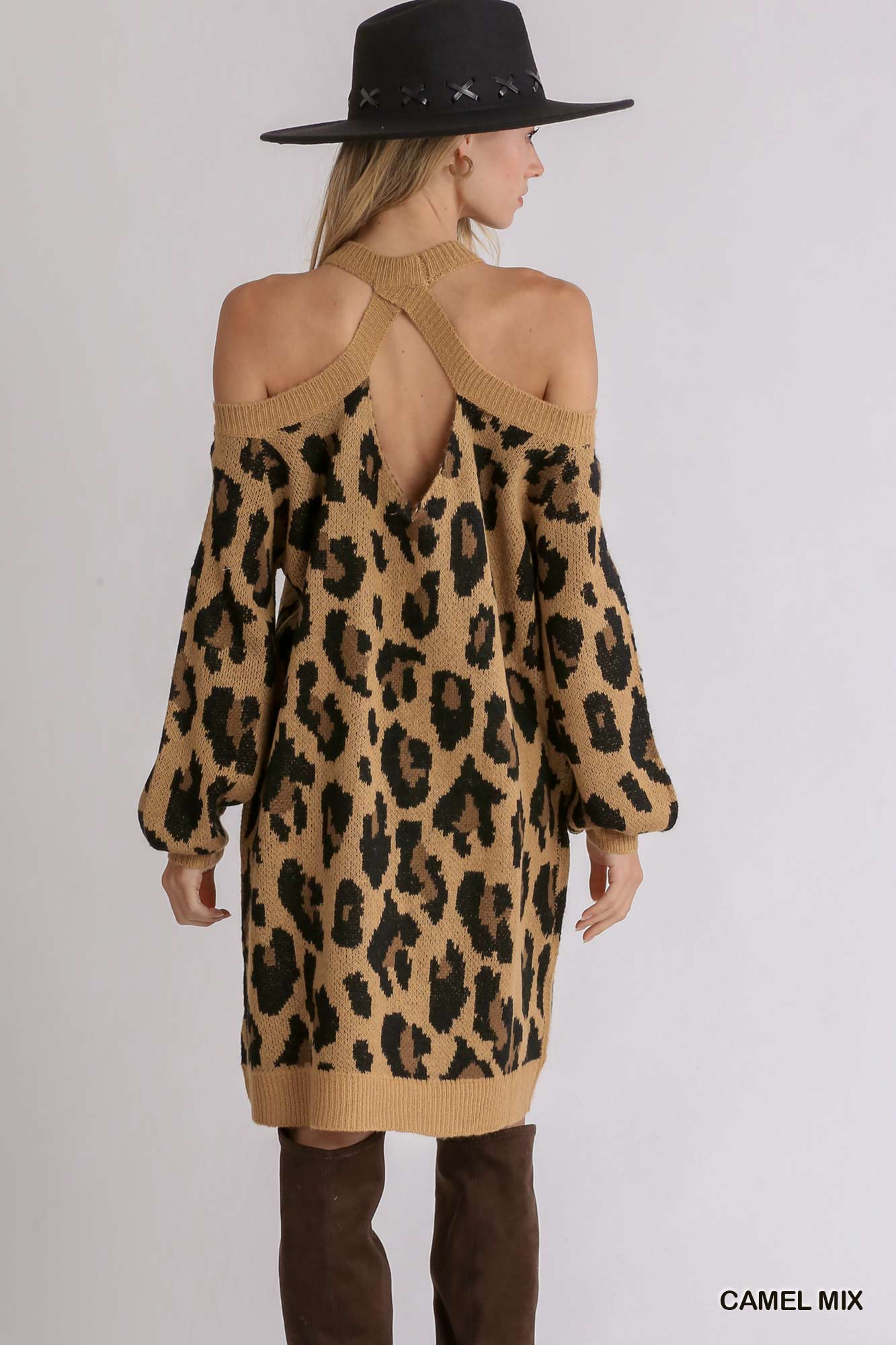 Umgee Camel Mix Brushed Animal Print Cold Shoulder Sweater Open Back Dress - Roulhac Fashion Boutique