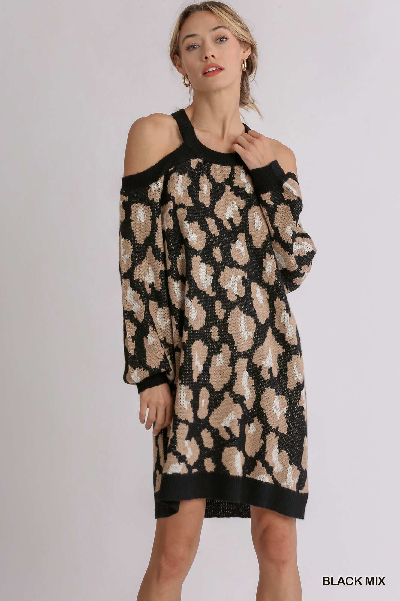 Umgee Camel Mix Brushed Animal Print Cold Shoulder Sweater Open Back Dress - Roulhac Fashion Boutique