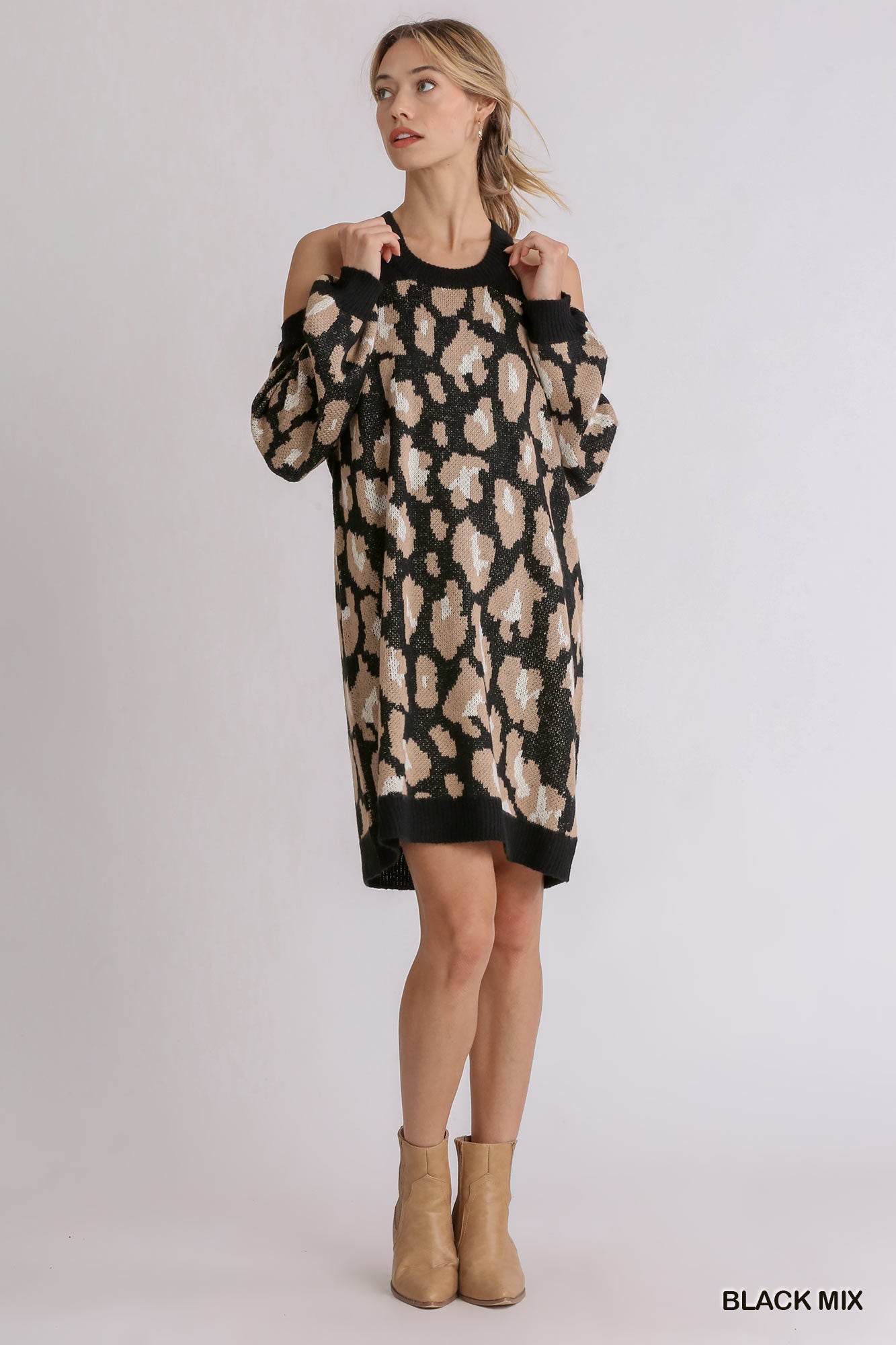 Umgee Camel Mix Brushed Animal Print Cold Shoulder Sweater Open Back Dress - Roulhac Fashion Boutique