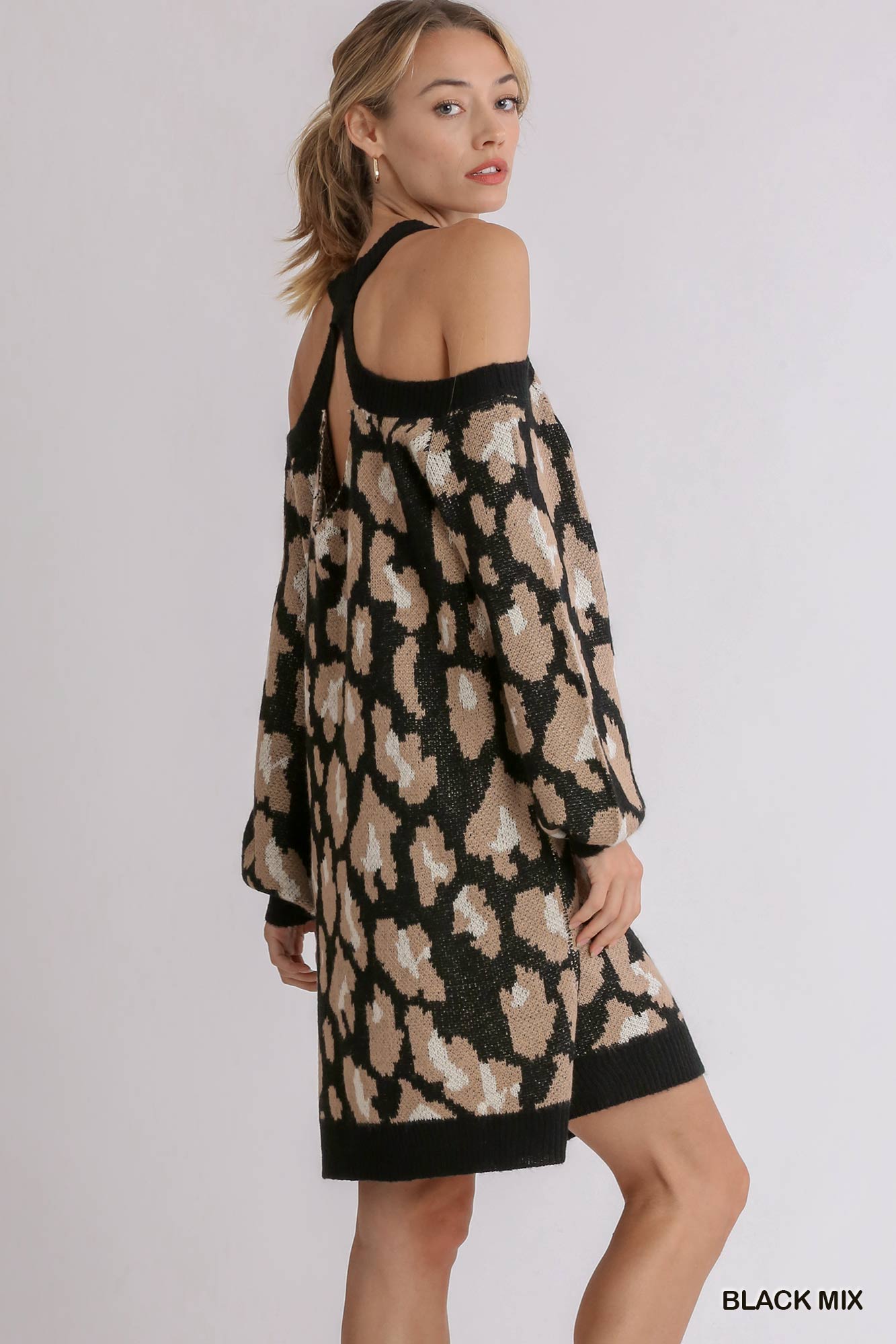 Umgee Camel Mix Brushed Animal Print Cold Shoulder Sweater Open Back Dress - Roulhac Fashion Boutique