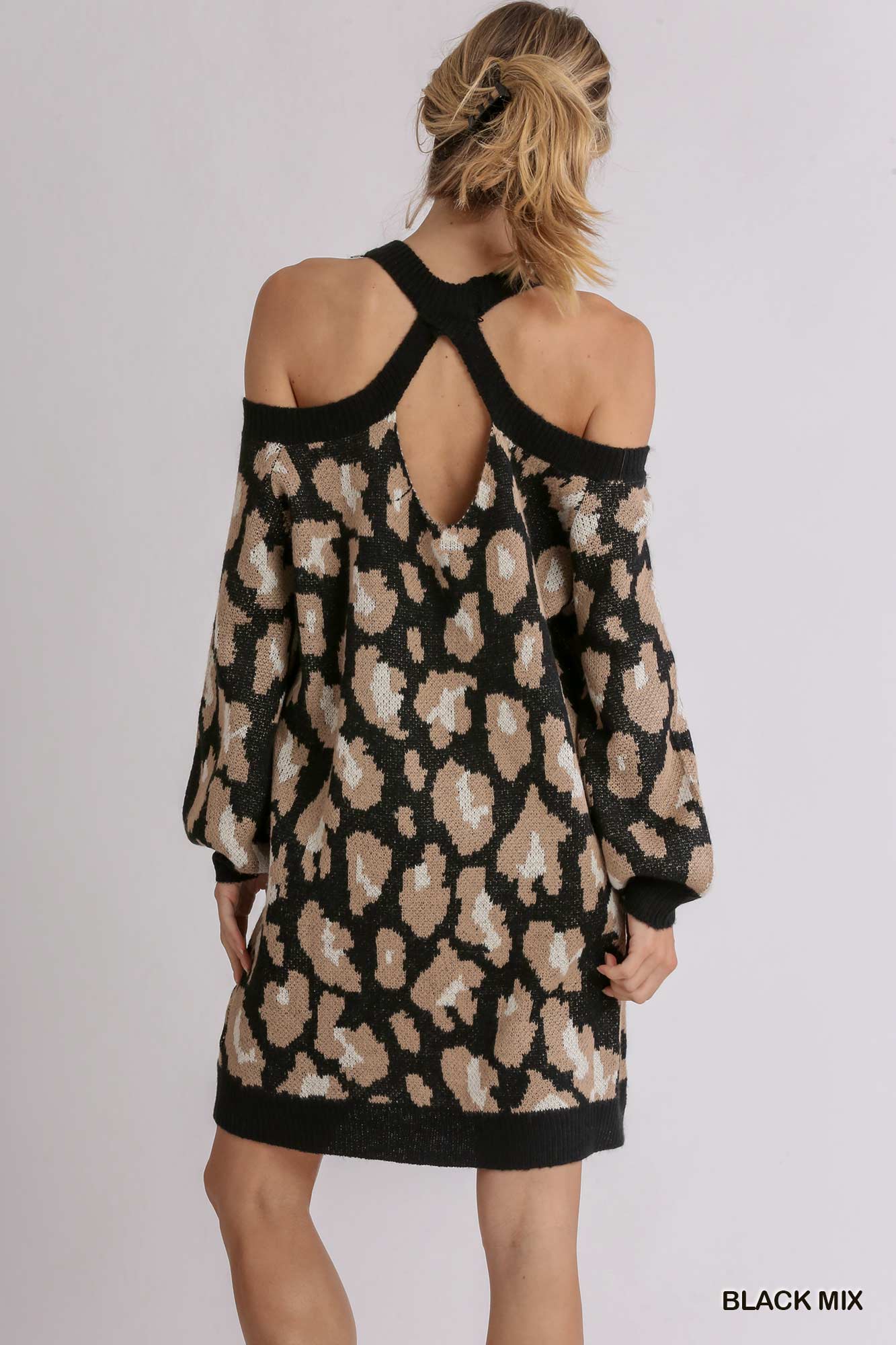 Umgee Camel Mix Brushed Animal Print Cold Shoulder Sweater Open Back Dress - Roulhac Fashion Boutique