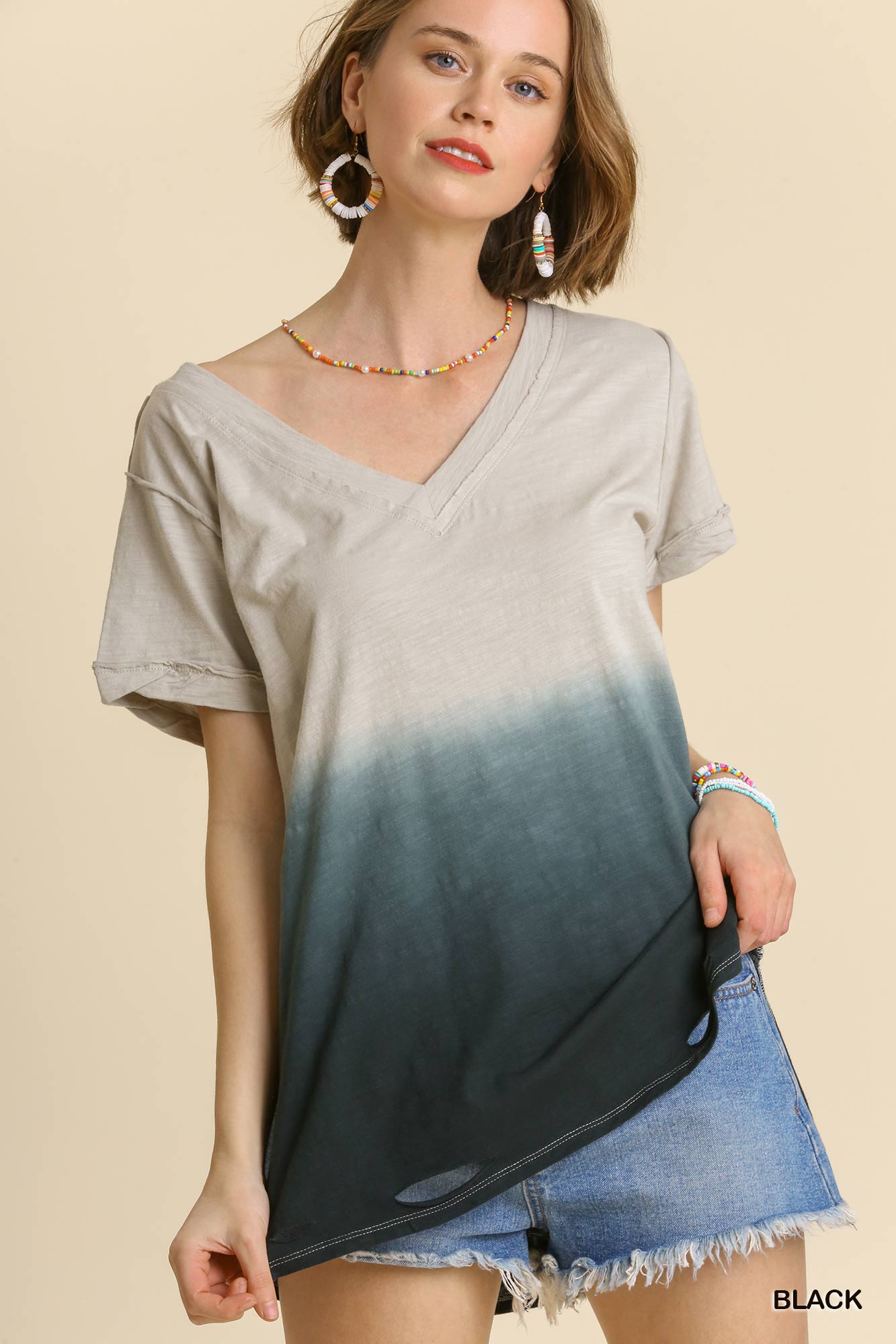 Umgee Gathered Dip Dye Distressed V-Neck Short Sleeve Cotton Top - Roulhac Fashion Boutique
