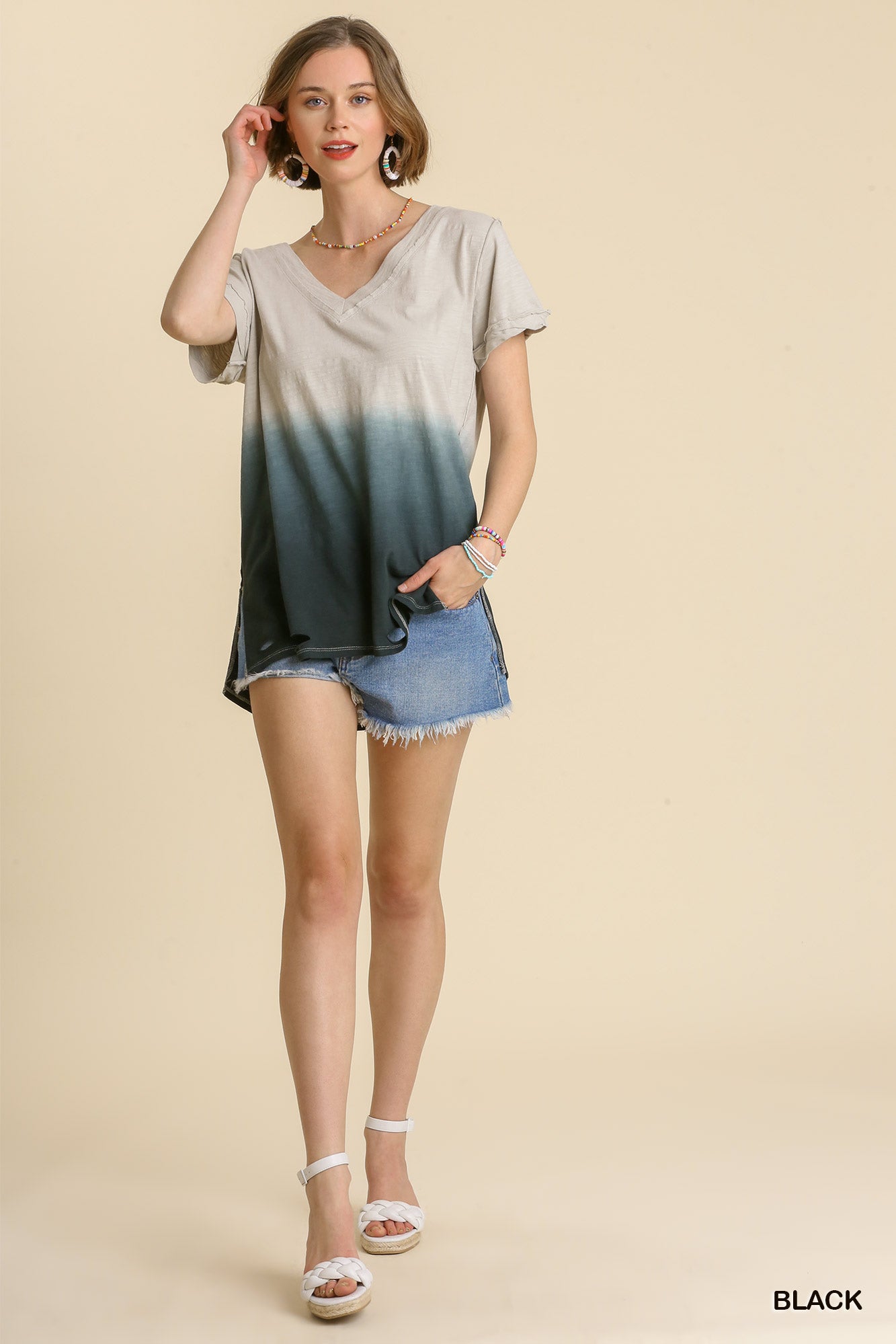 Umgee Gathered Dip Dye Distressed V-Neck Short Sleeve Cotton Top - Roulhac Fashion Boutique