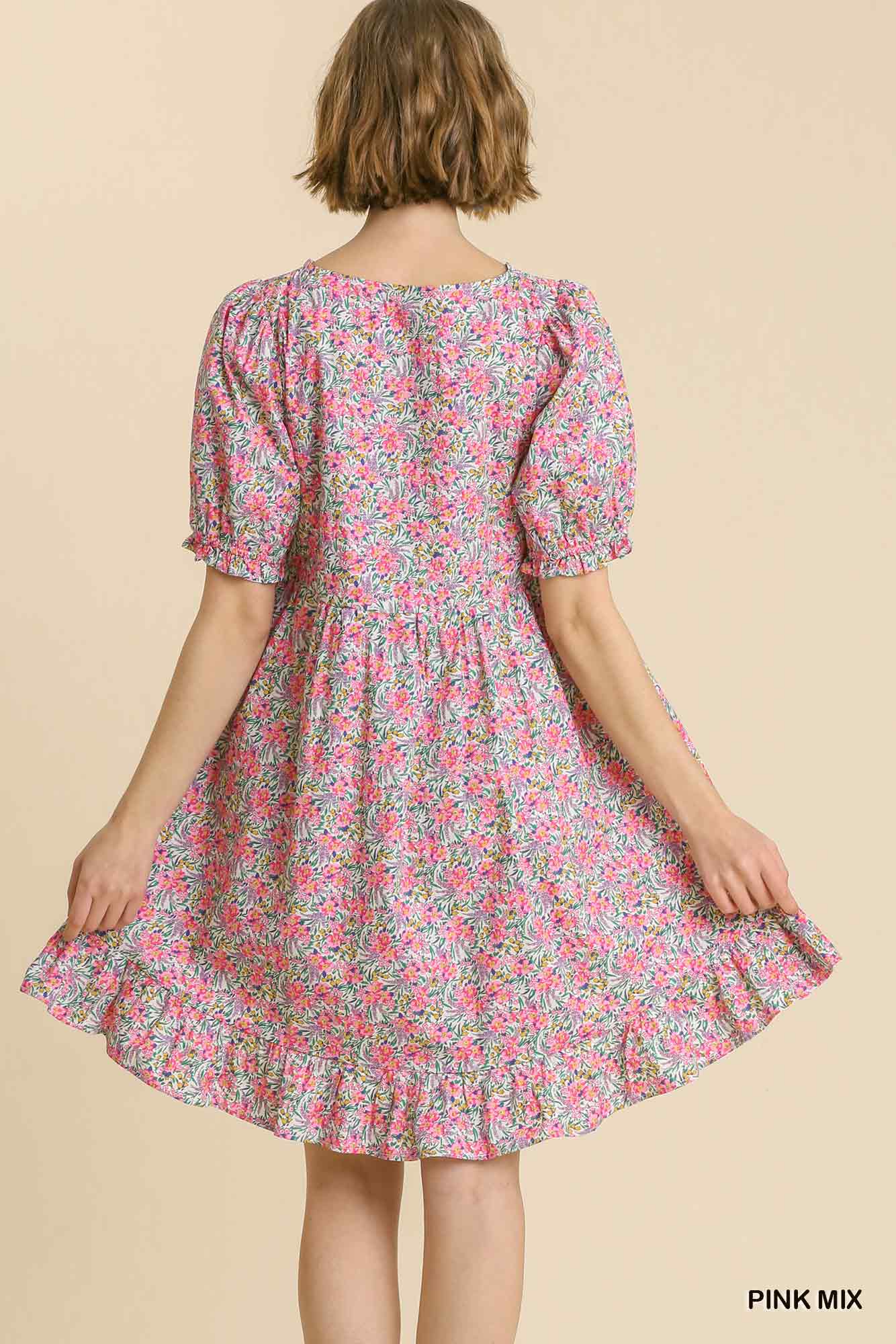 Umgee Mix Floral Print Short Puff Sleeves Front String Tie Ruffle Hem Dress - Roulhac Fashion Boutique