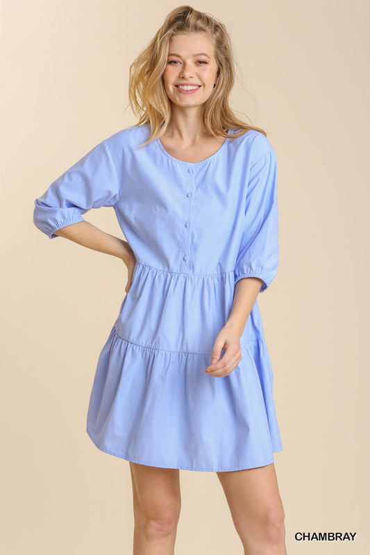 Umgee Chambray Half Button 3/4 Sleeve Tiered Shirt Dress with No Lining - Roulhac Fashion Boutique
