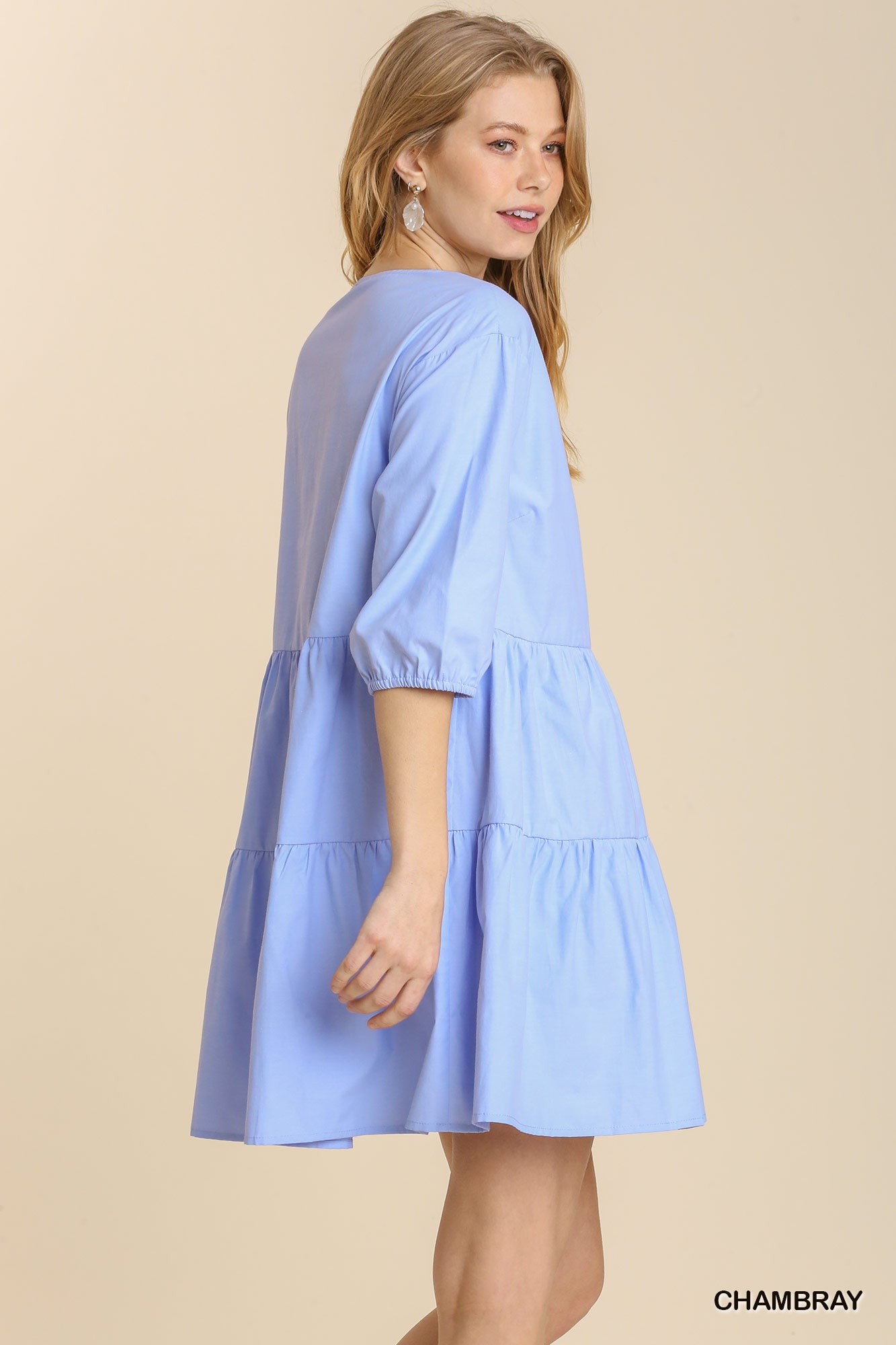 Umgee Chambray Half Button 3/4 Sleeve Tiered Shirt Dress with No Lining - Roulhac Fashion Boutique