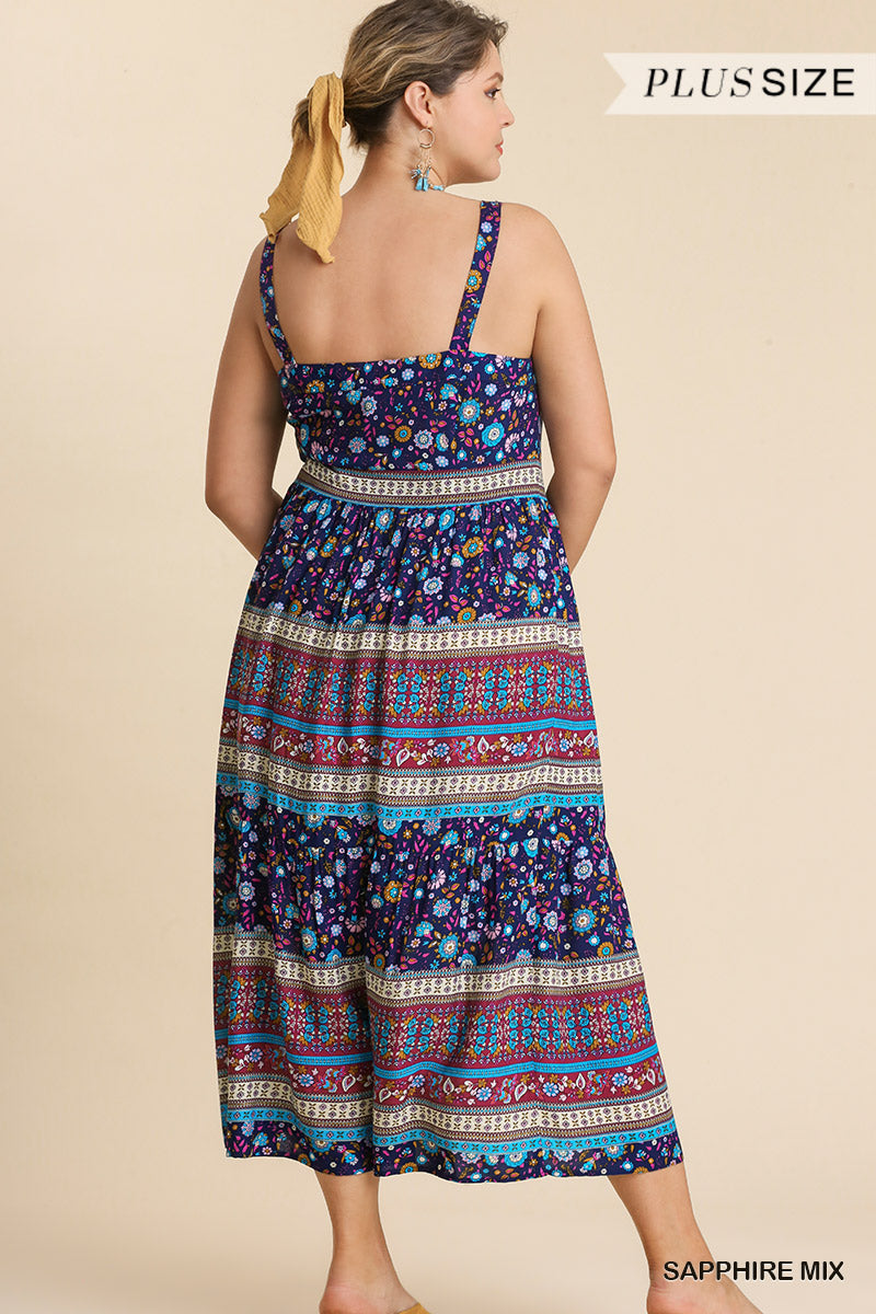Umgee Plus Floral Border Print Sleeveless Tiered Maxi Dress