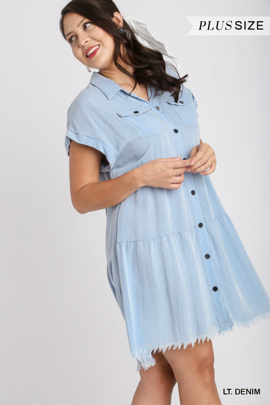 Umgee Plus Short Folded Sleeve Button Front Collared Ruffle Dress