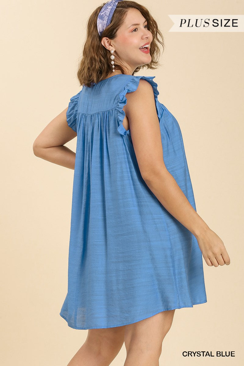 Umgee Plus Smocked Yoke Short Ruffle Sleeves Back Keyhole Dress