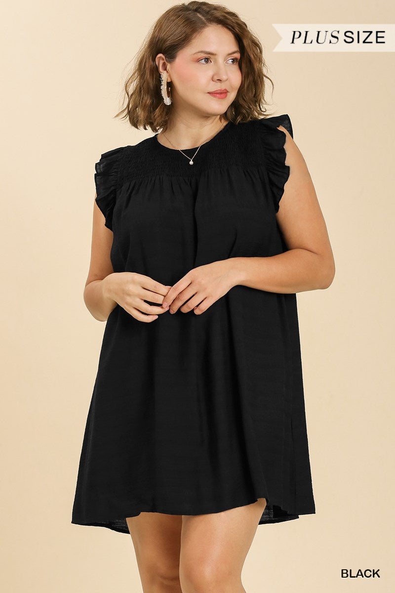 Umgee Plus Smocked Yoke Short Ruffle Sleeves Back Keyhole Dress