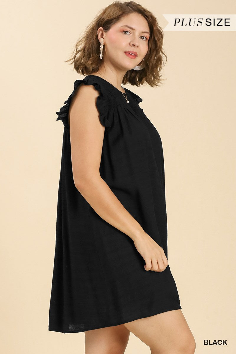 Umgee Plus Smocked Yoke Short Ruffle Sleeves Back Keyhole Dress