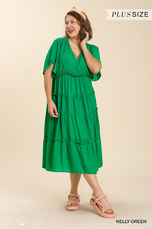 Umgee Plus Smocked Short Sleeve V-Neck Textured Tiered Maxi Dress