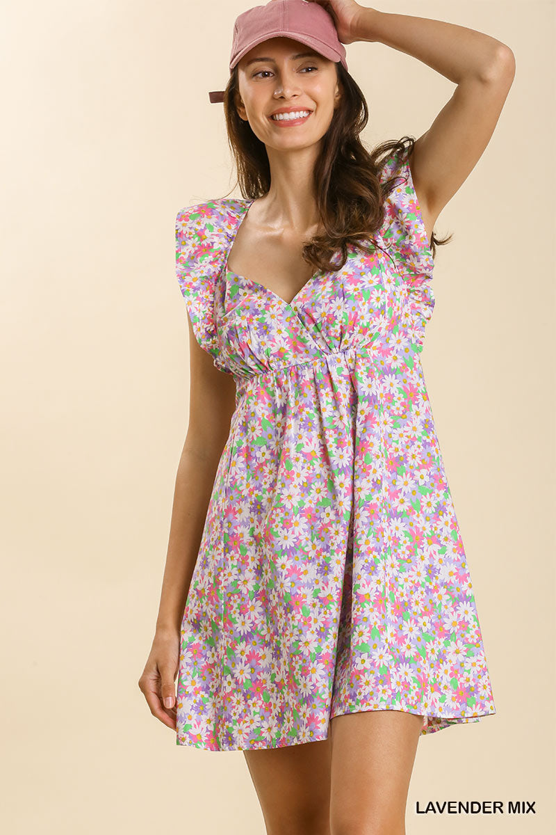 Umgee Mix Floral Print Poplin Sleeveless Back Crossover Strap Dress - Roulhac Fashion Boutique