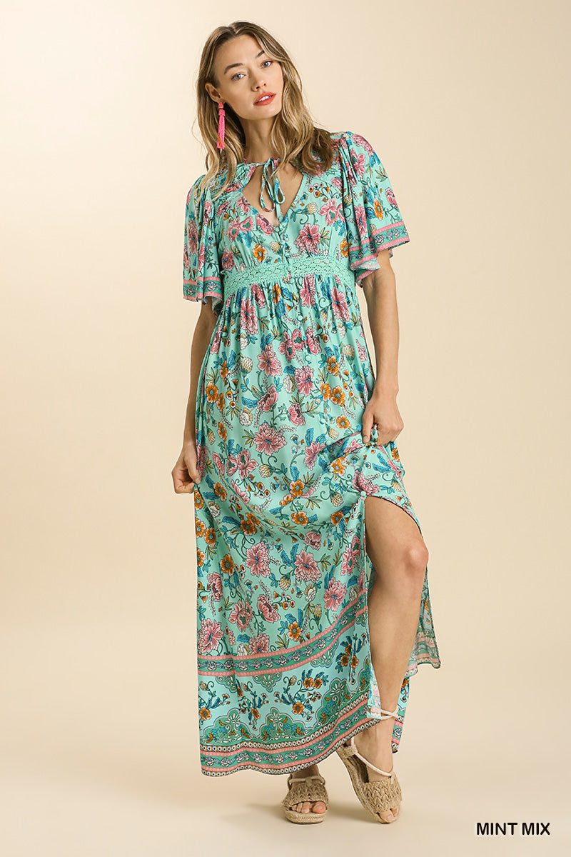 Umgee Mix Floral Print 3/4 Sleeve Lace Trim Side Slit Maxi Dress - Roulhac Fashion Boutique