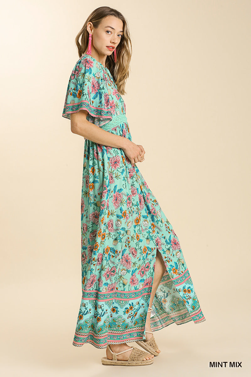 Umgee Mix Floral Print 3/4 Sleeve Lace Trim Side Slit Maxi Dress - Roulhac Fashion Boutique