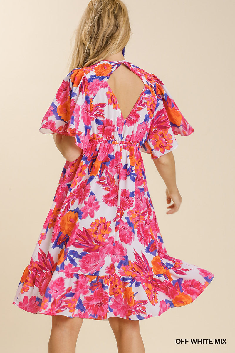 Umgee Floral Print Front Tie Lace Trim Short Sleeve Back Cut Out Dress - Roulhac Fashion Boutique