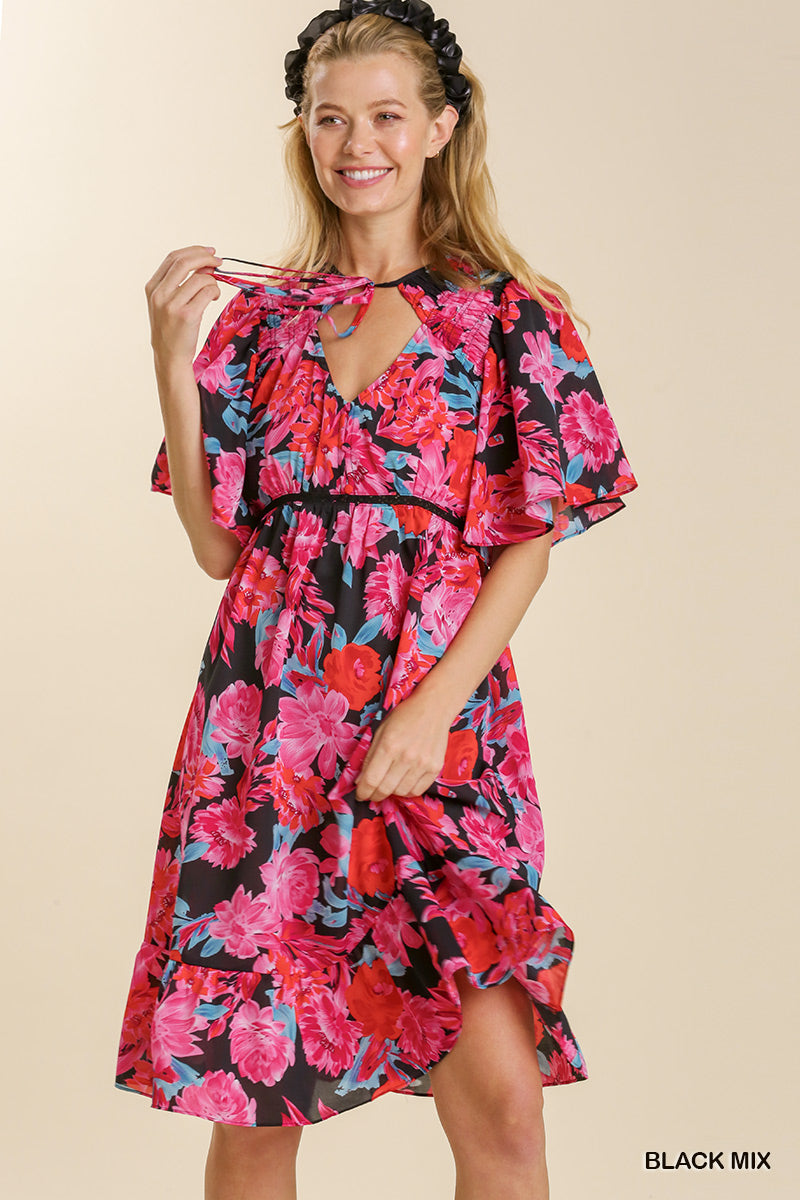 Umgee Floral Print Front Tie Lace Trim Short Sleeve Back Cut Out Dress - Roulhac Fashion Boutique