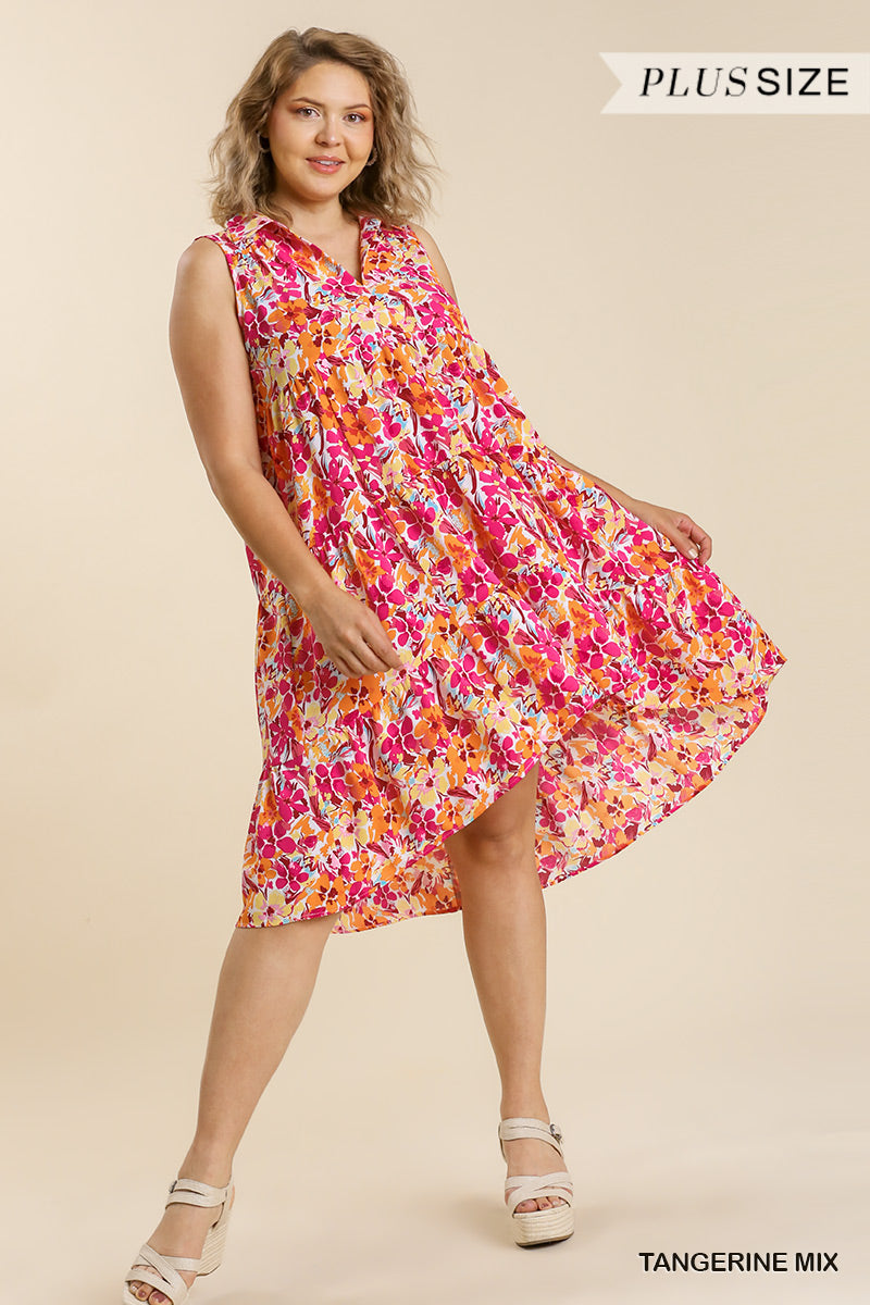 Umgee Plus Floral Print Sleeveless Collared Split Neck Tiered Midi Dress