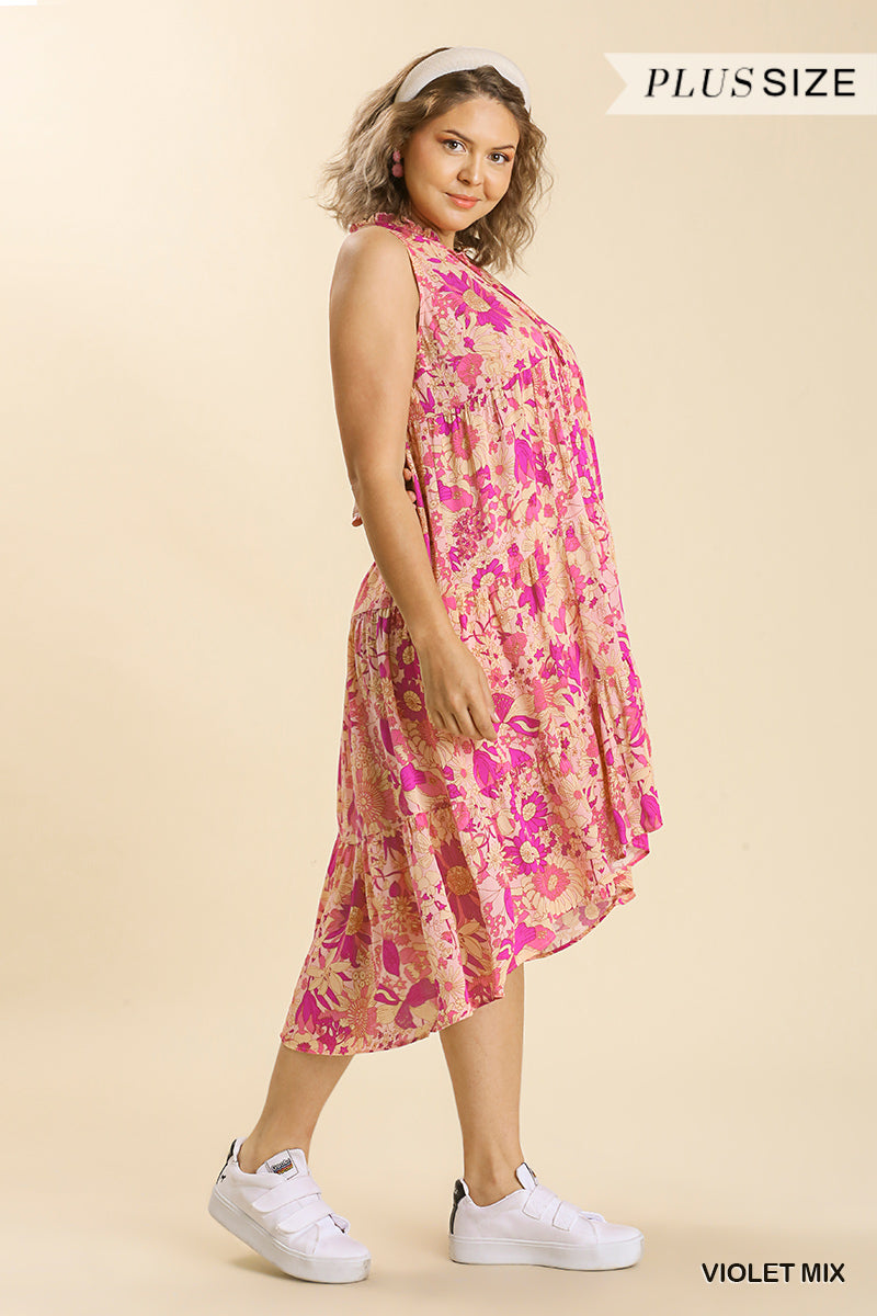Umgee Plus Mixed Floral Print Sleeveless Tie Front Midi Dress