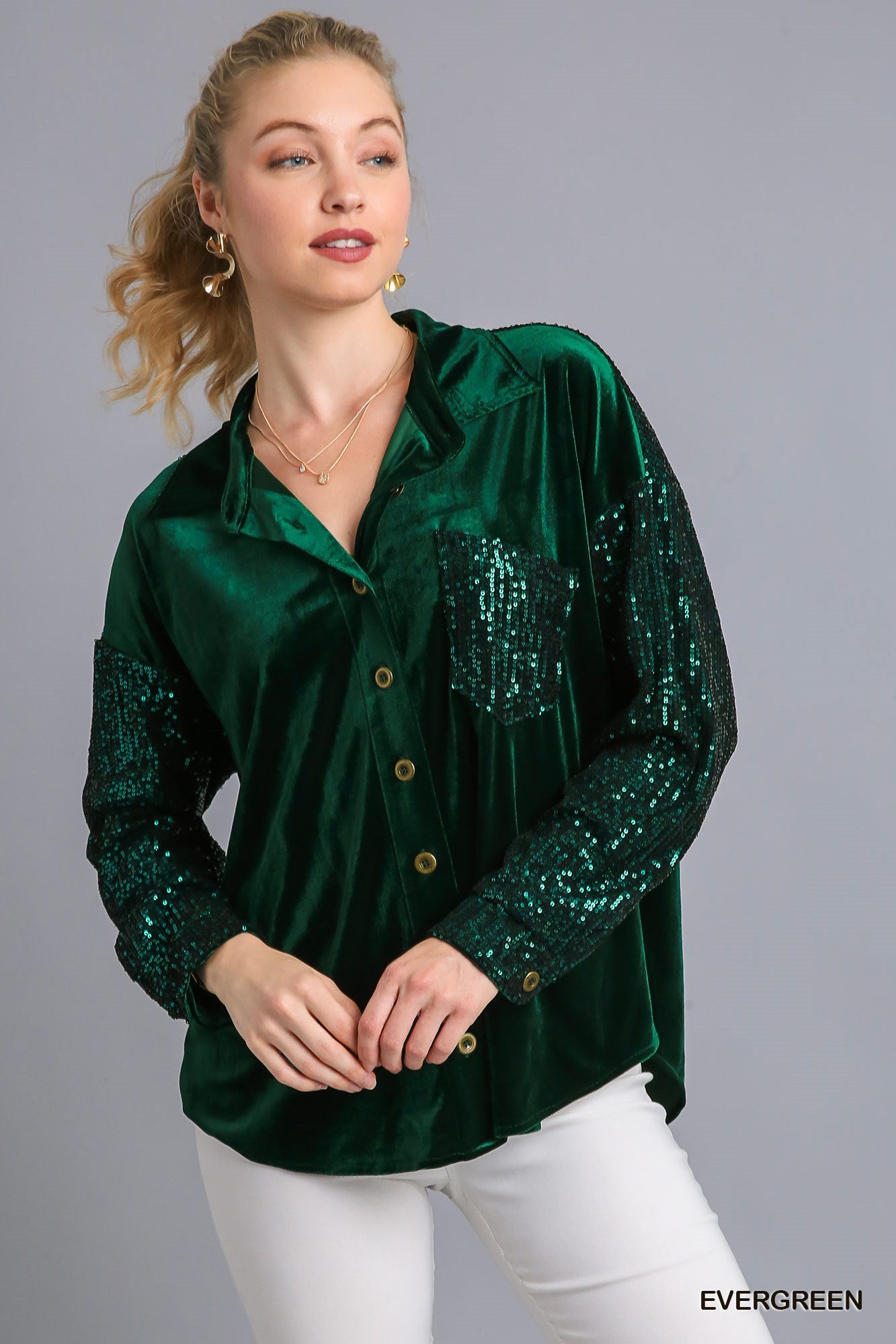 Umgee Velvet Collar Button Down Sequin Sleeves Chest Pocket Jacket - Roulhac Fashion Boutique
