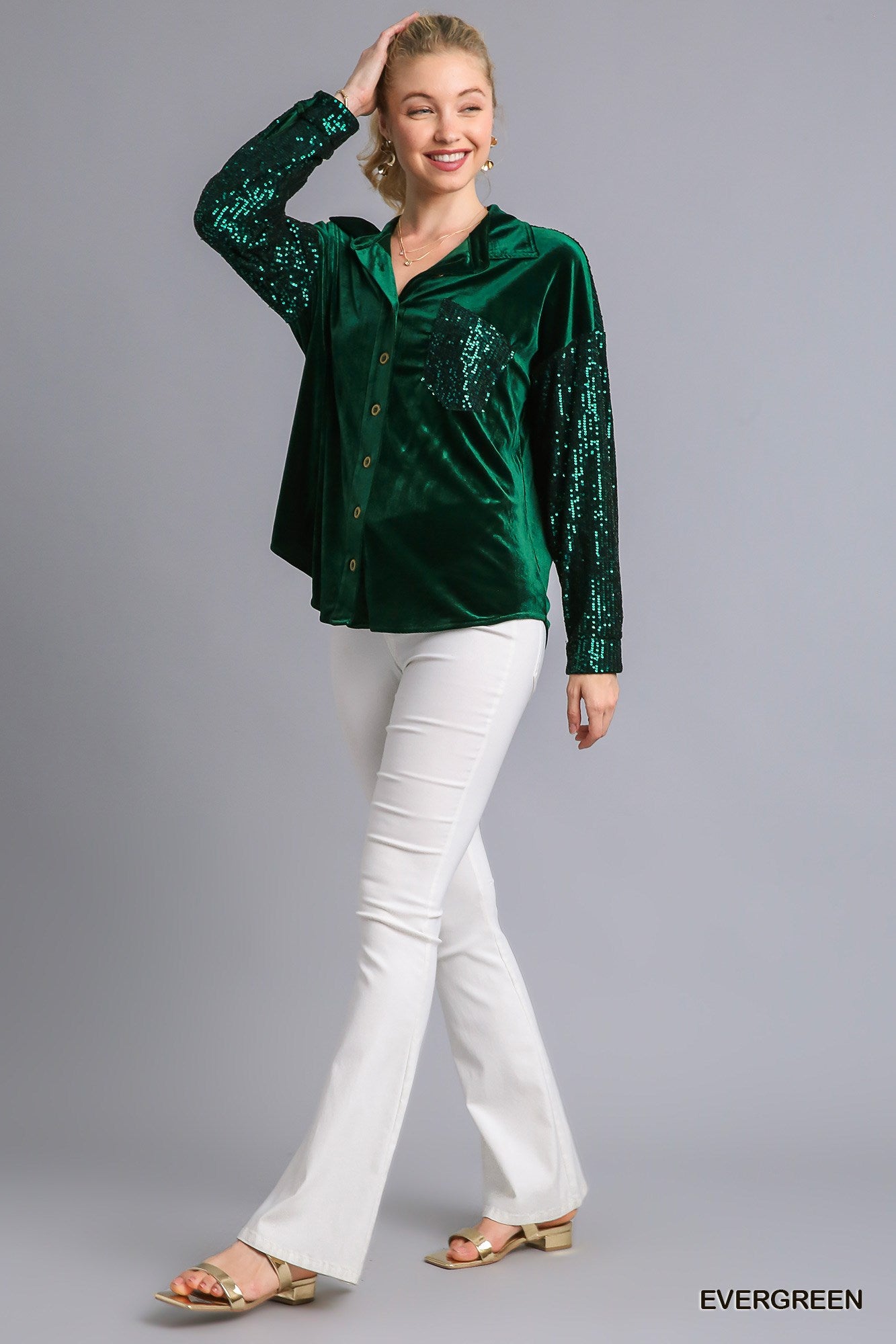 Umgee Velvet Collar Button Down Sequin Sleeves Chest Pocket Jacket - Roulhac Fashion Boutique