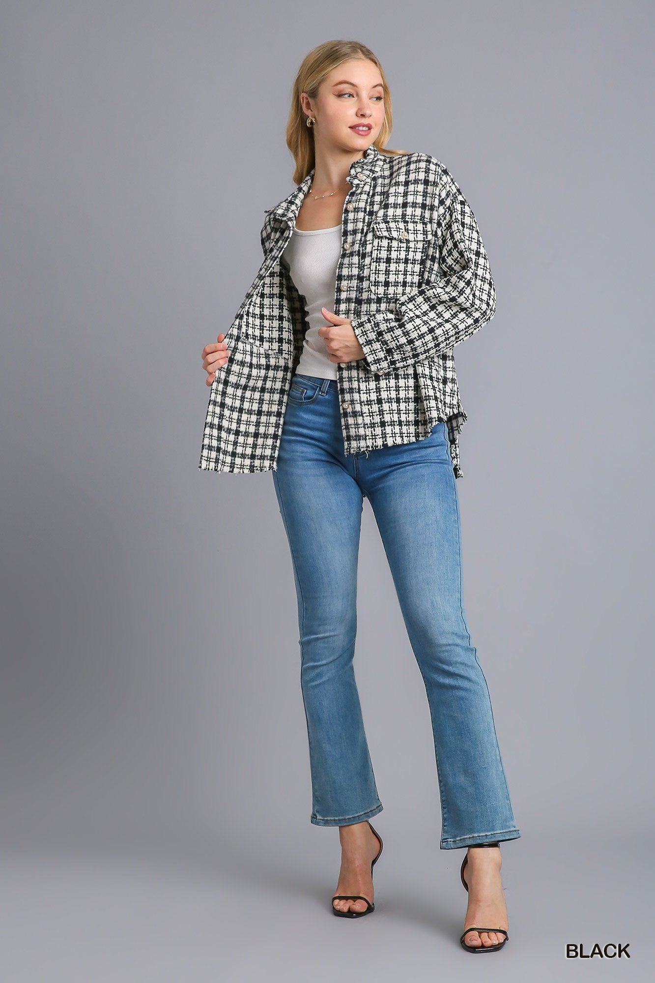 Umgee Tweed Plaid Collar Button Down Front Pockets Shacket