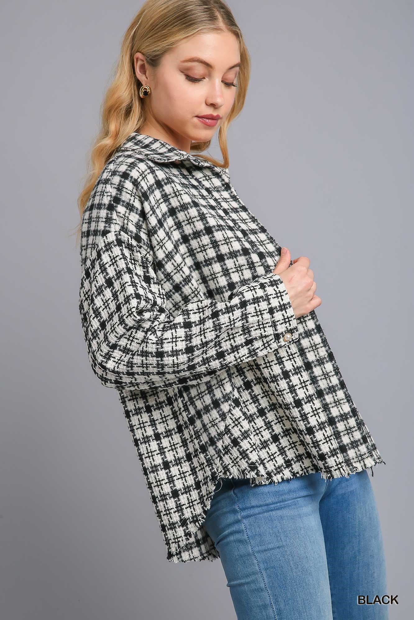 Umgee Tweed Plaid Collar Button Down Front Pockets Shacket
