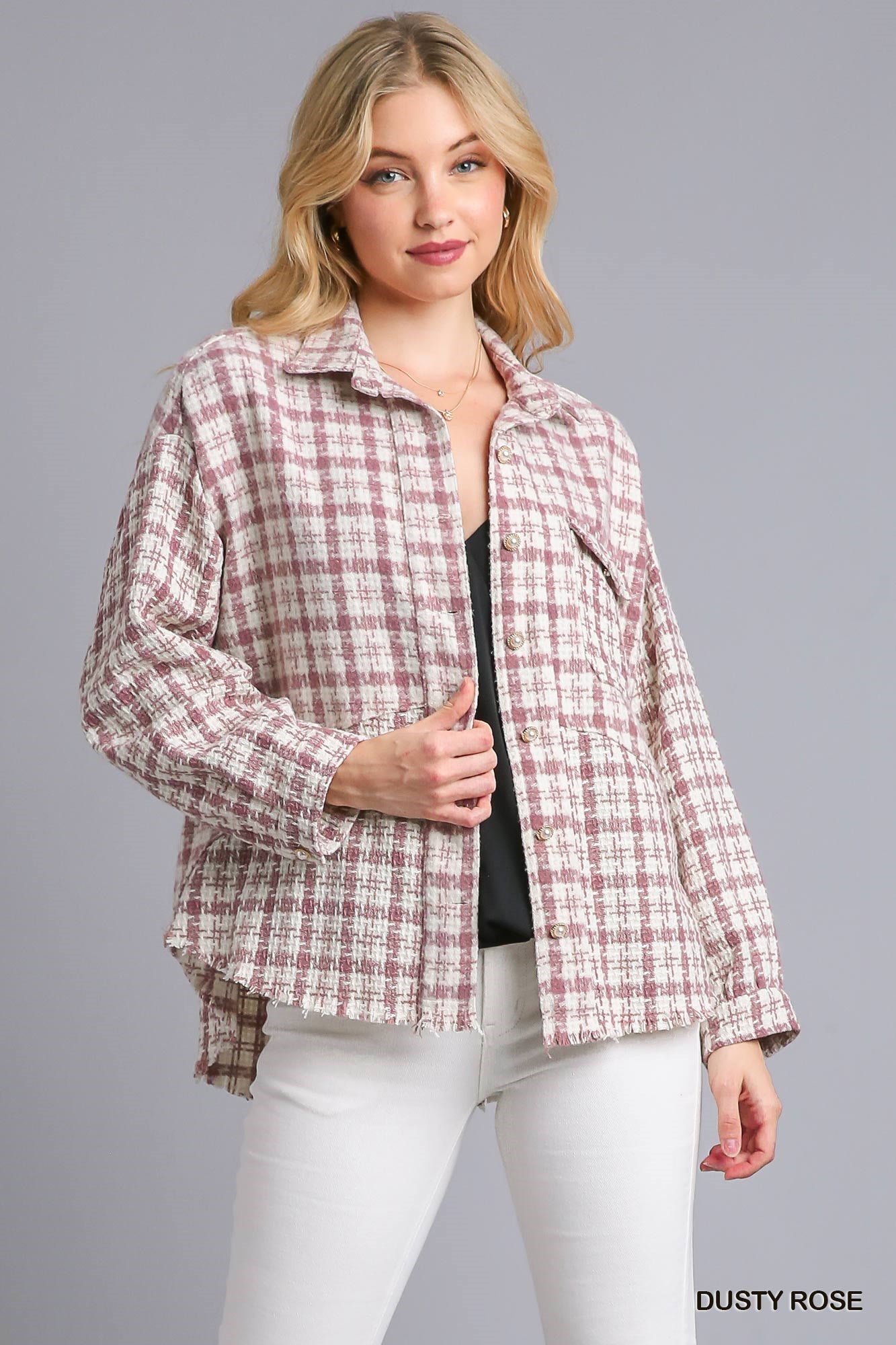 Umgee Tweed Plaid Collar Button Down Front Pockets Shacket - Roulhac Fashion Boutique