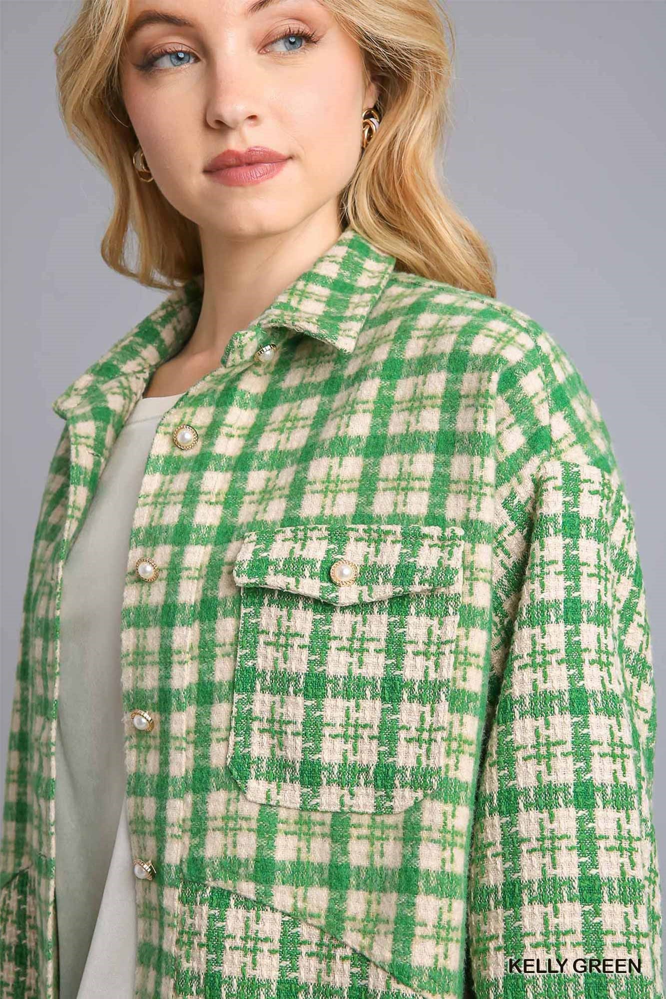 Umgee Tweed Plaid Collar Button Down Front Pockets Shacket - Roulhac Fashion Boutique