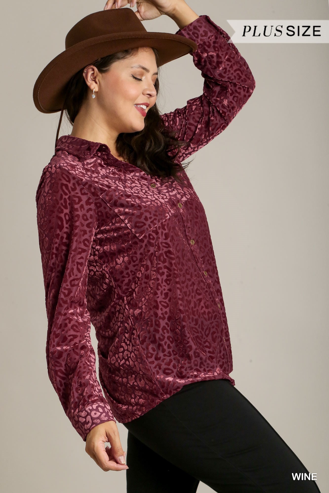 Umgee Plus Animal Print Long Sleeve Velvet Button Up Top