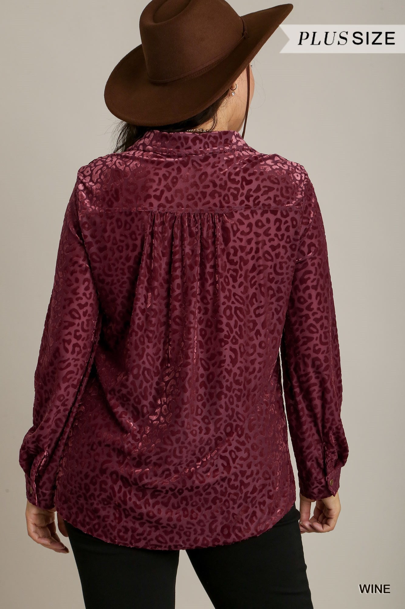 Umgee Plus Animal Print Long Sleeve Velvet Button Up Top