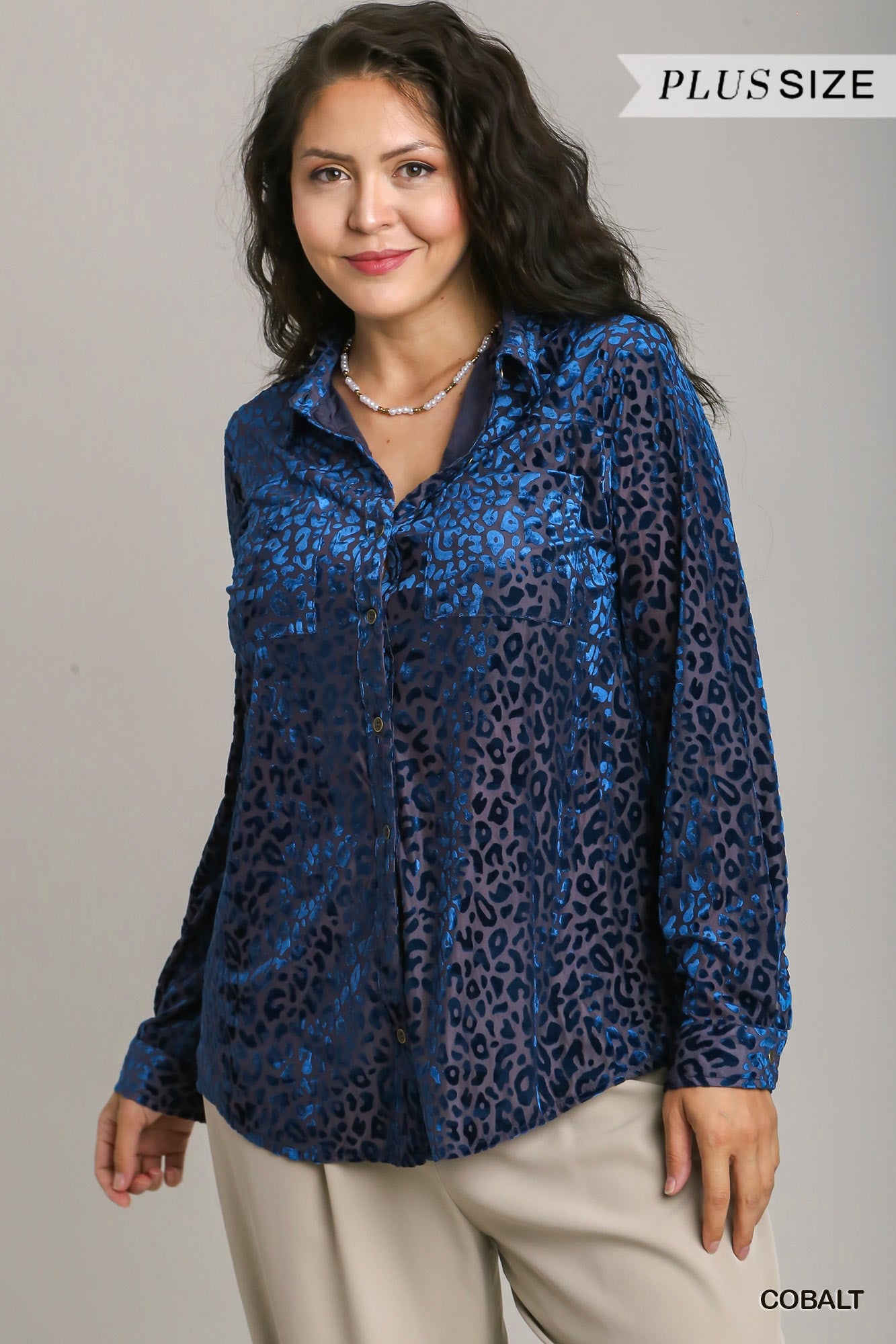 Umgee Plus Animal Print Long Sleeve Velvet Button Up Top