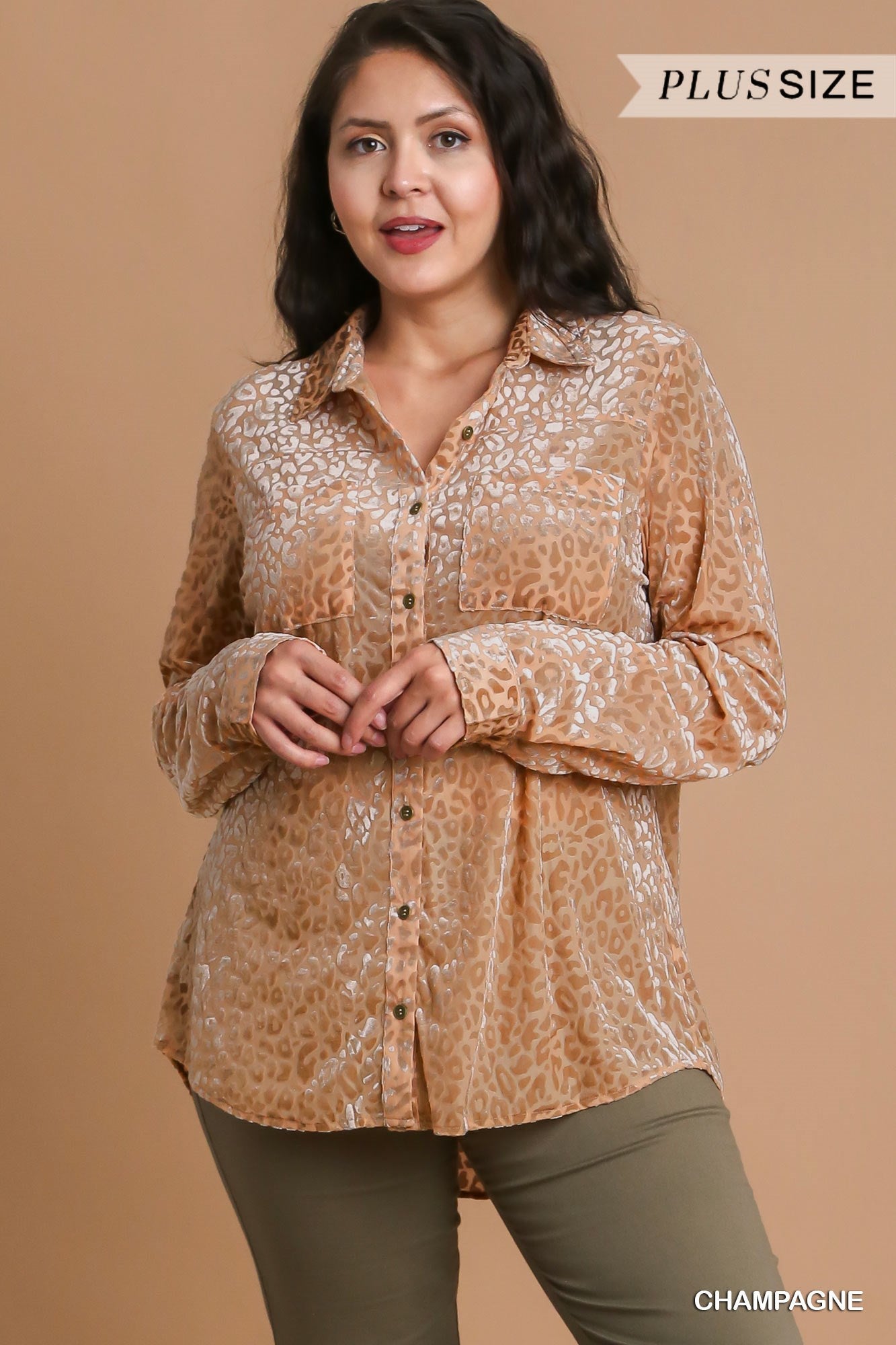 Umgee Plus Animal Print Long Sleeve Velvet Button Up Top