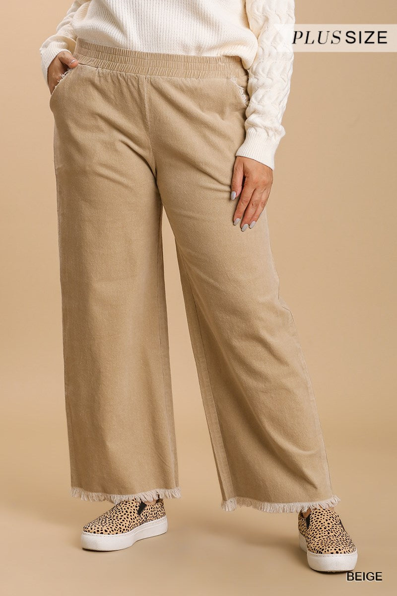 Umgee Plus Elastic Waist Frayed Hem Wide Leg Pants